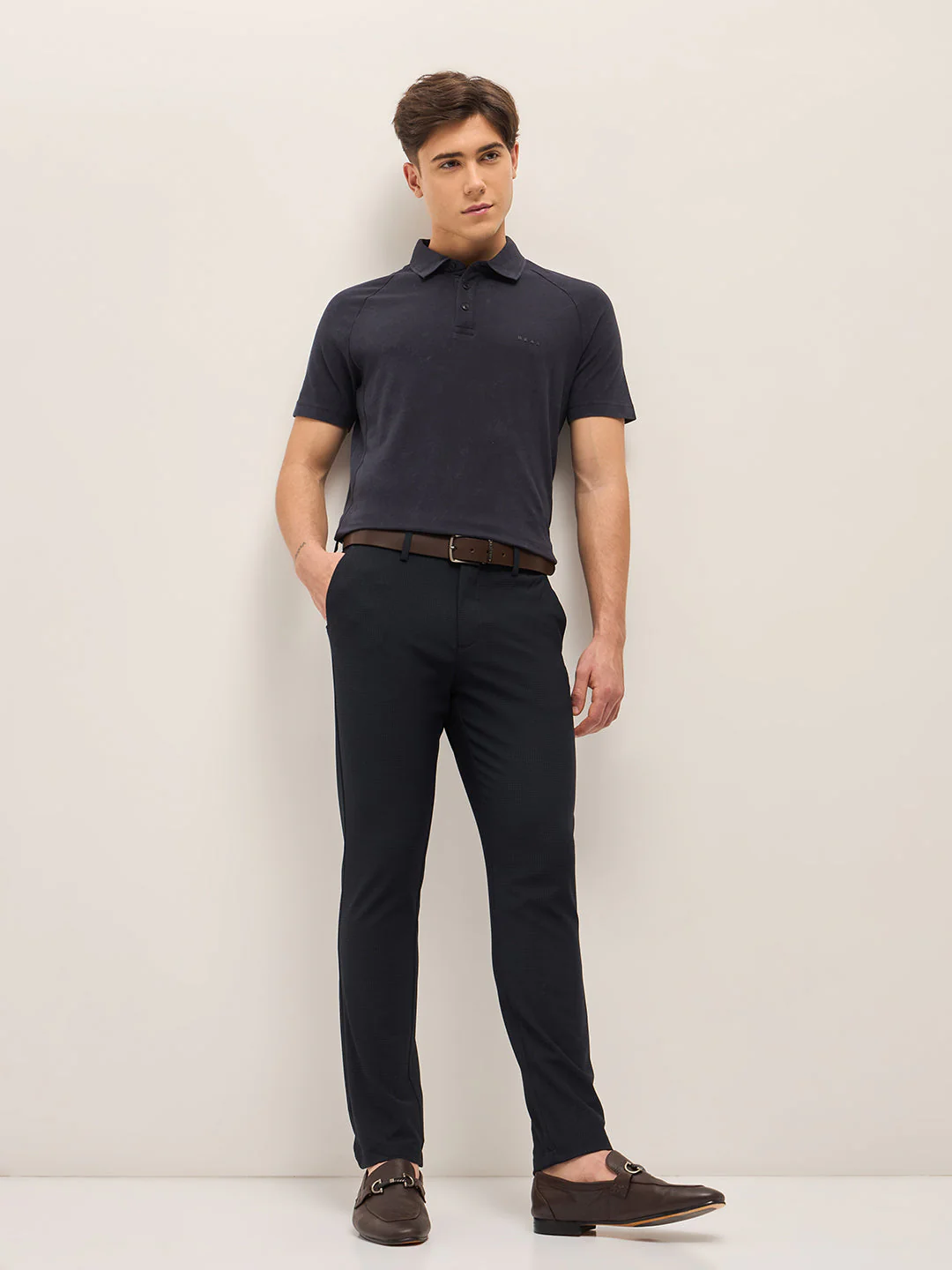 Men Navy Micro-Check 4 Way Stretch Formal Trouser - Image 4
