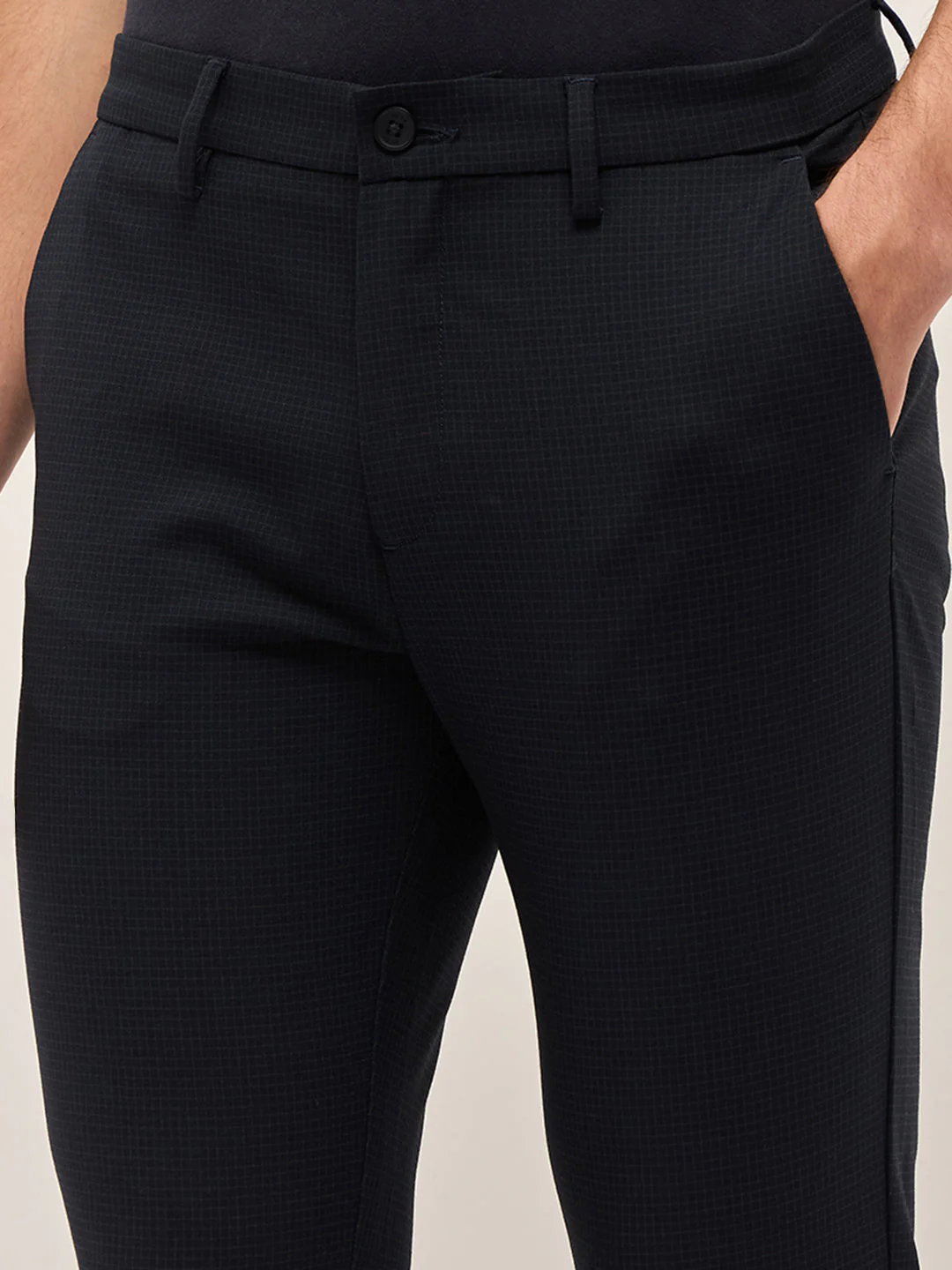 Men Navy Micro-Check 4 Way Stretch Formal Trouser - Image 6