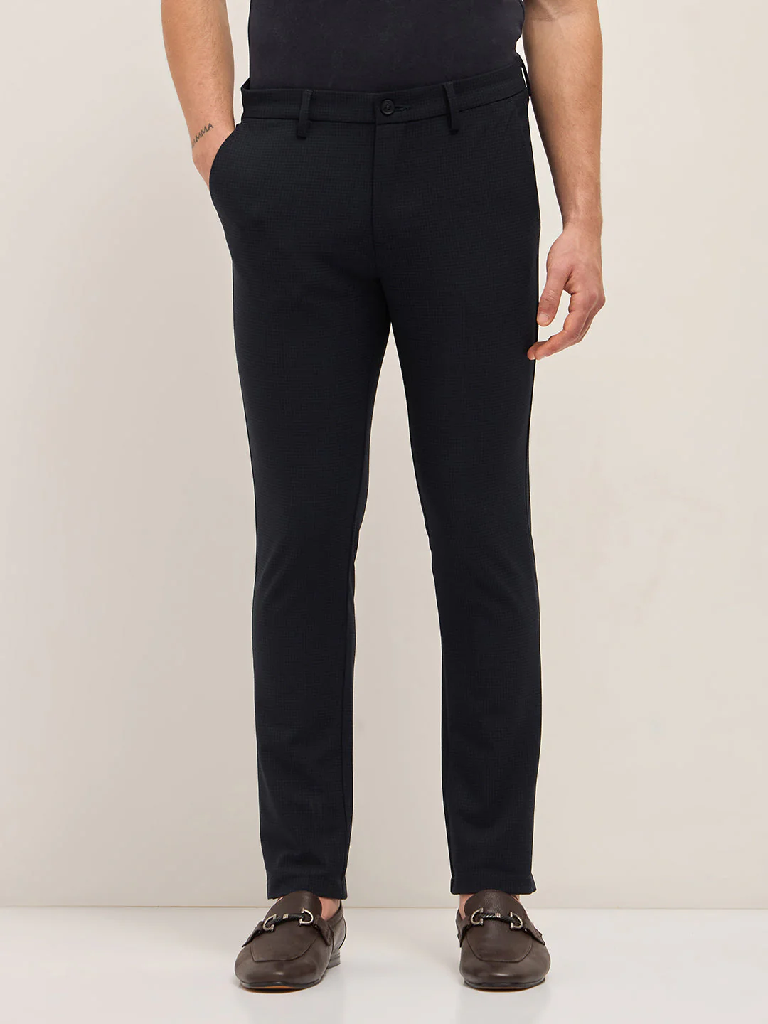 Men Navy Micro-Check 4 Way Stretch Formal Trouser - Image 7