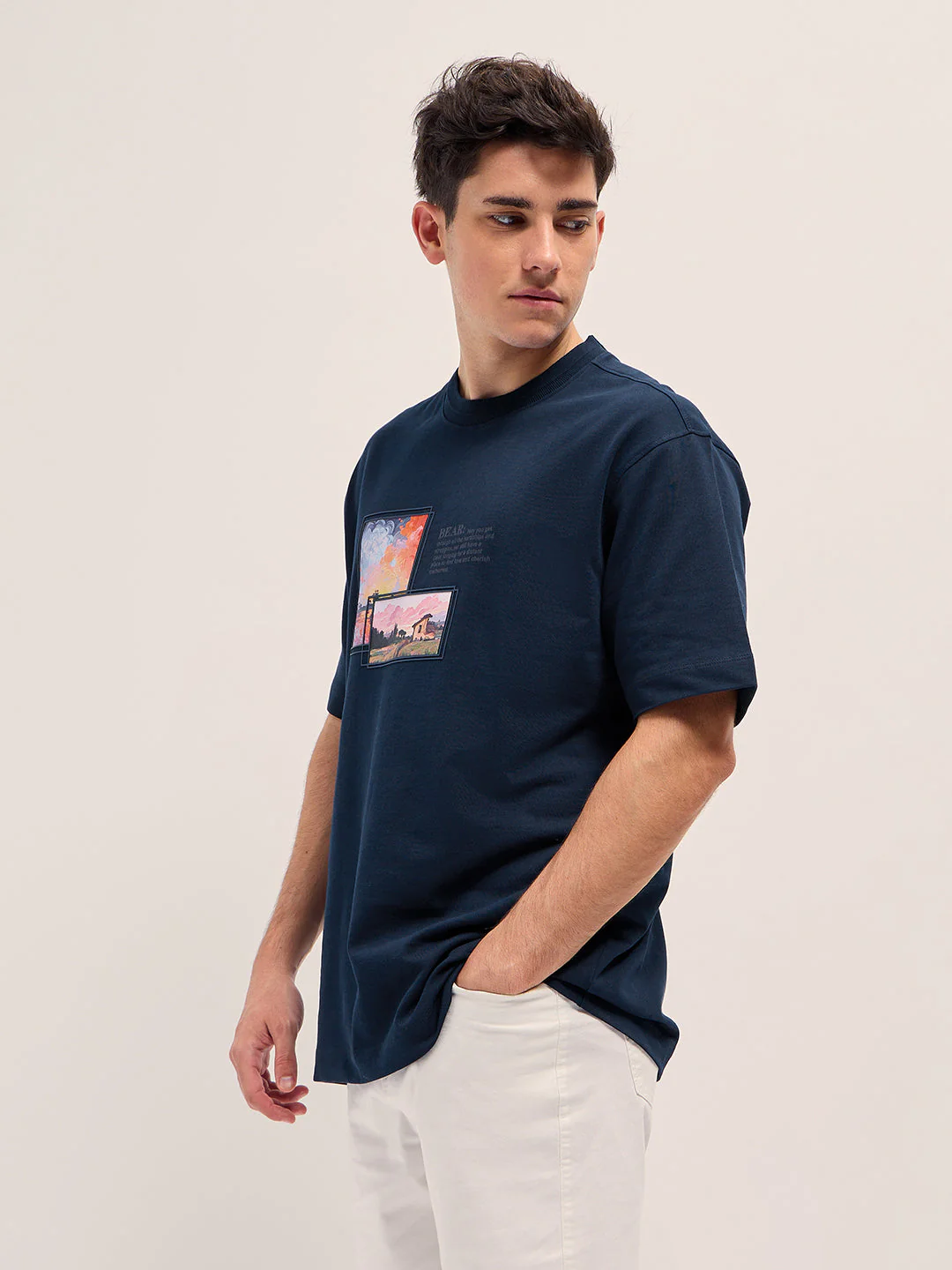 Men Navy Oversize Graphic Printed Crew Neck T-shirt - Image 3
