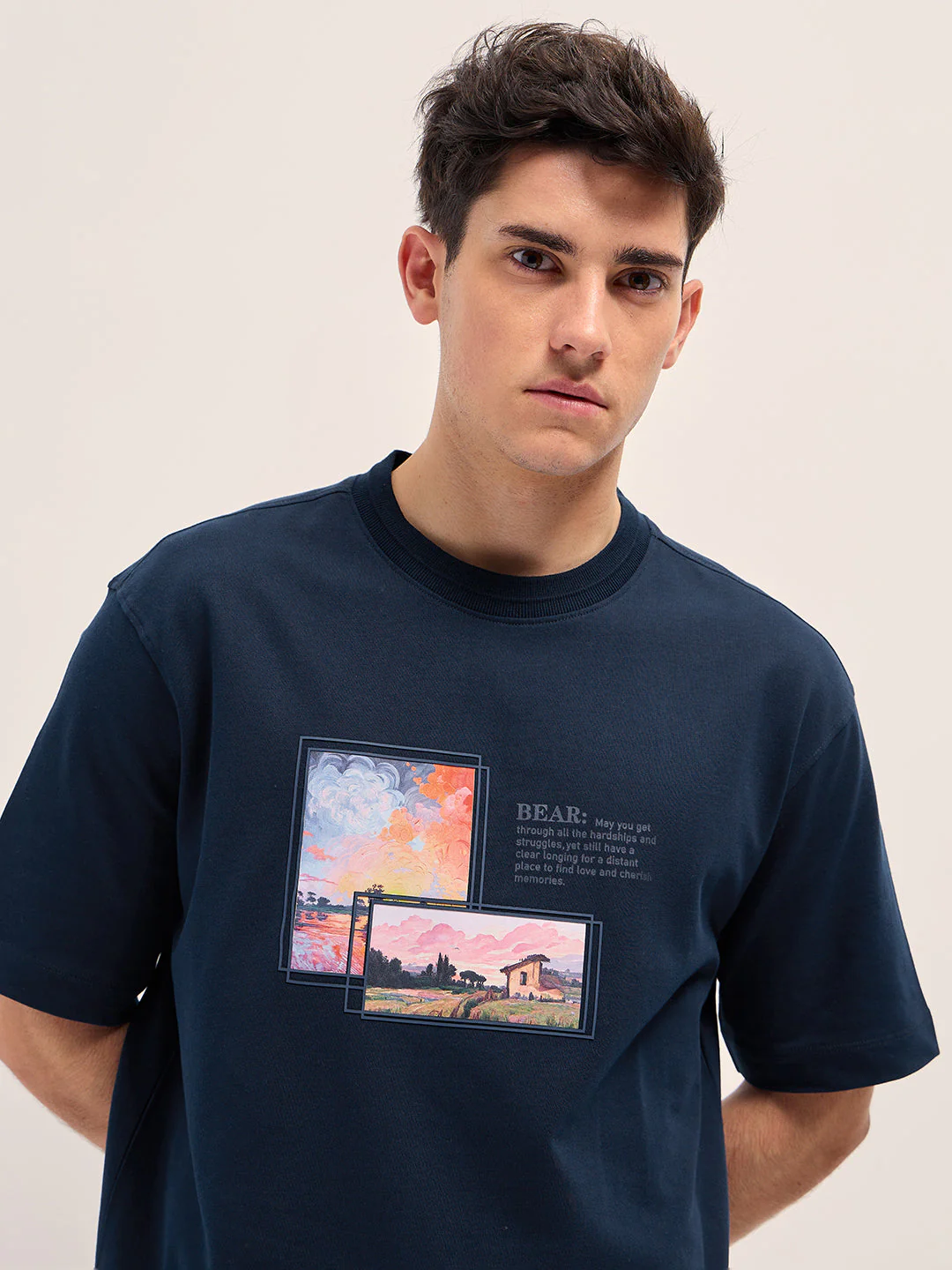 Men Navy Oversize Graphic Printed Crew Neck T-shirt - Image 5