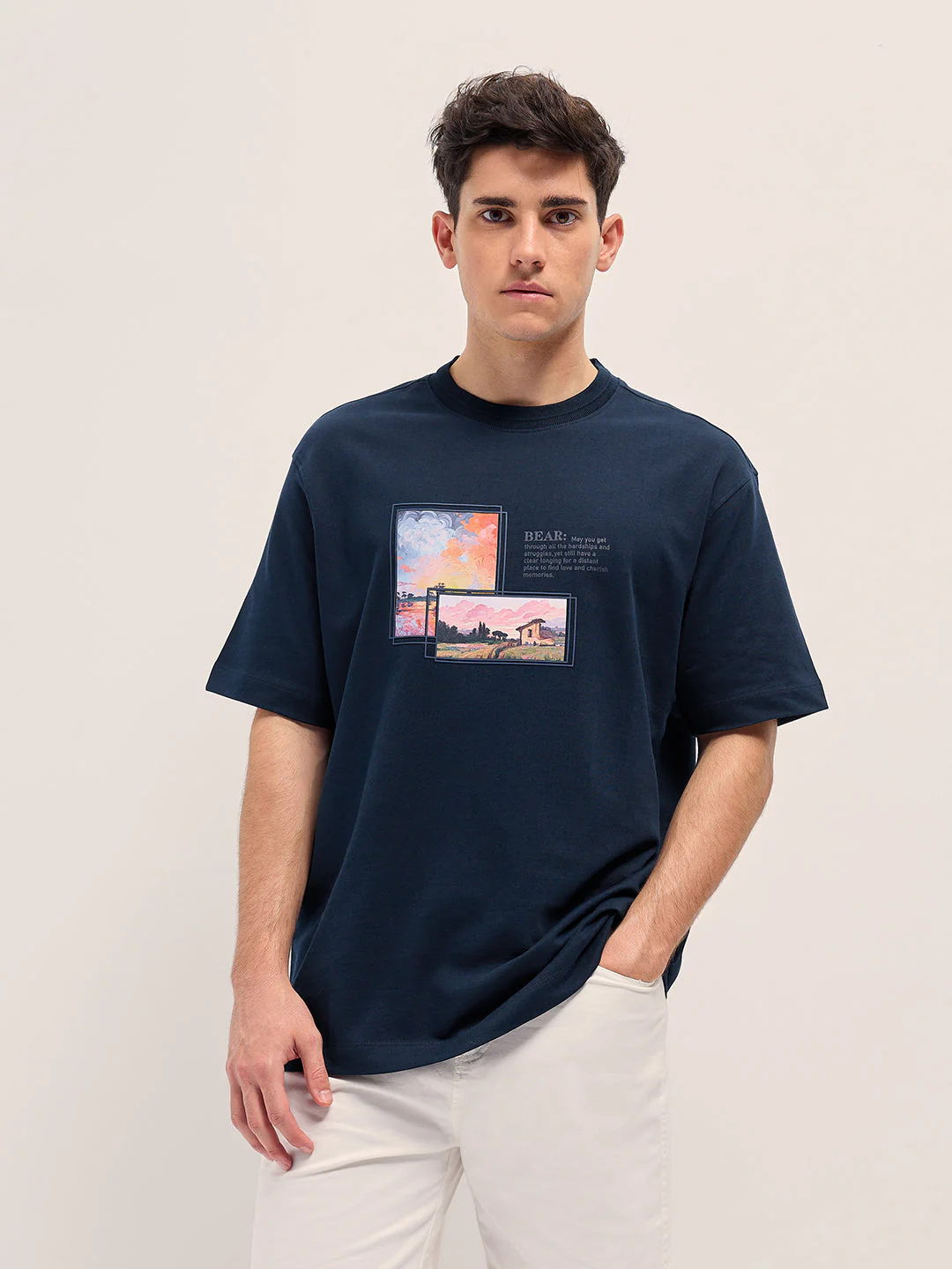 Men Navy Oversize Graphic Printed Crew Neck T-shirt - Image 6