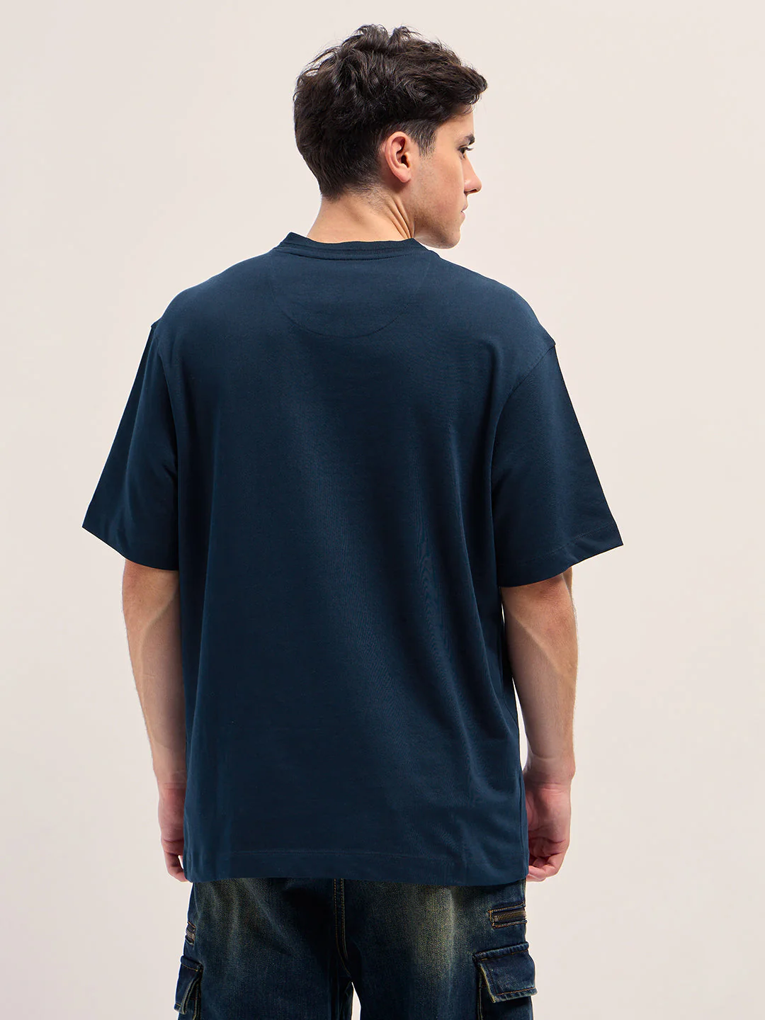 Men Navy Oversize Graphic Printed Crew Neck T-shirt - Image 2