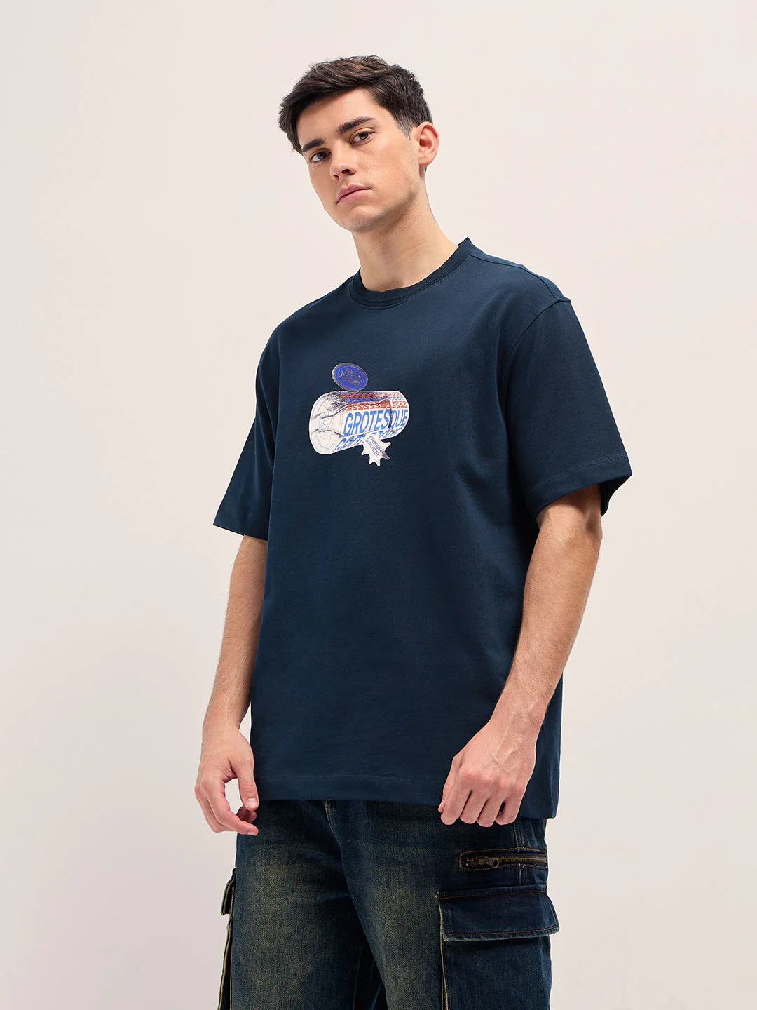 Men Navy Oversize Graphic Printed Crew Neck T-shirt - Image 3