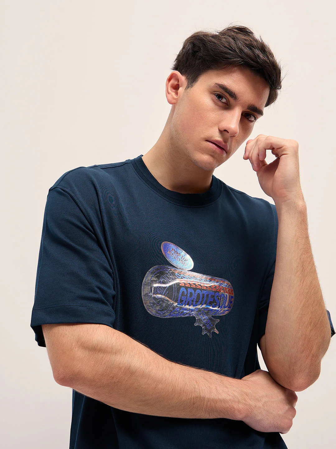 Men Navy Oversize Graphic Printed Crew Neck T-shirt - Image 5