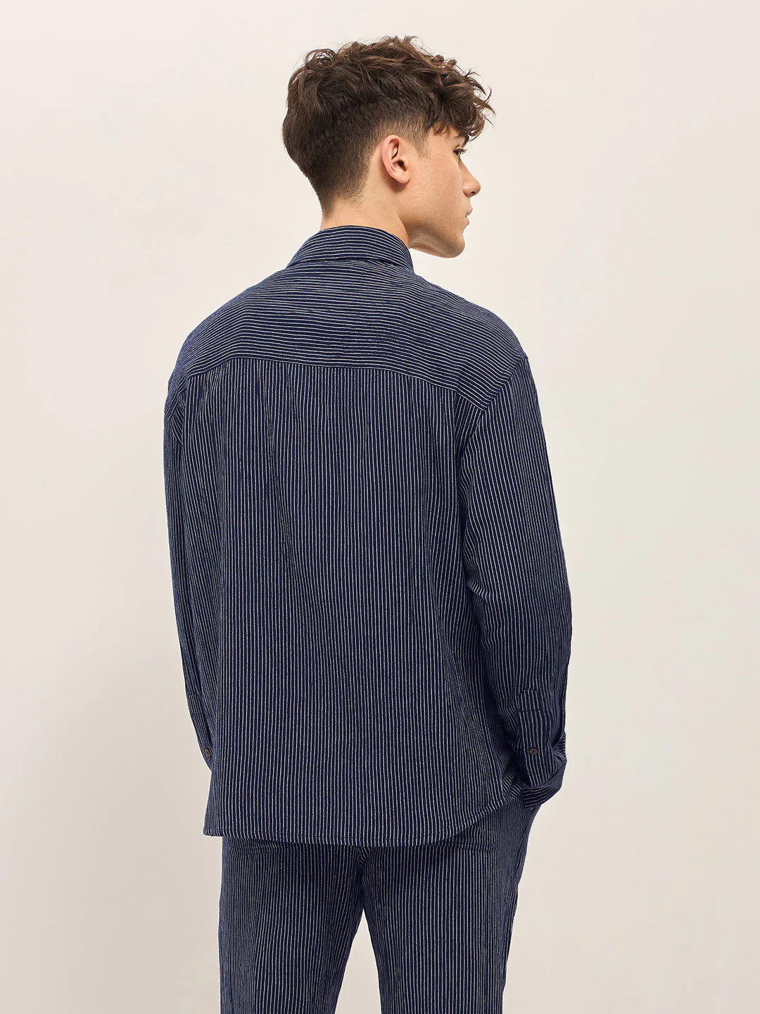 Men Navy Pinstripes Regular Fit Casual Shirt - Image 2