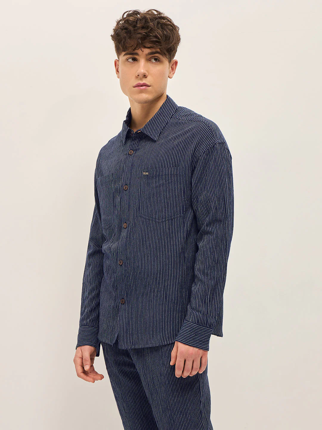 Men Navy Pinstripes Regular Fit Casual Shirt - Image 3