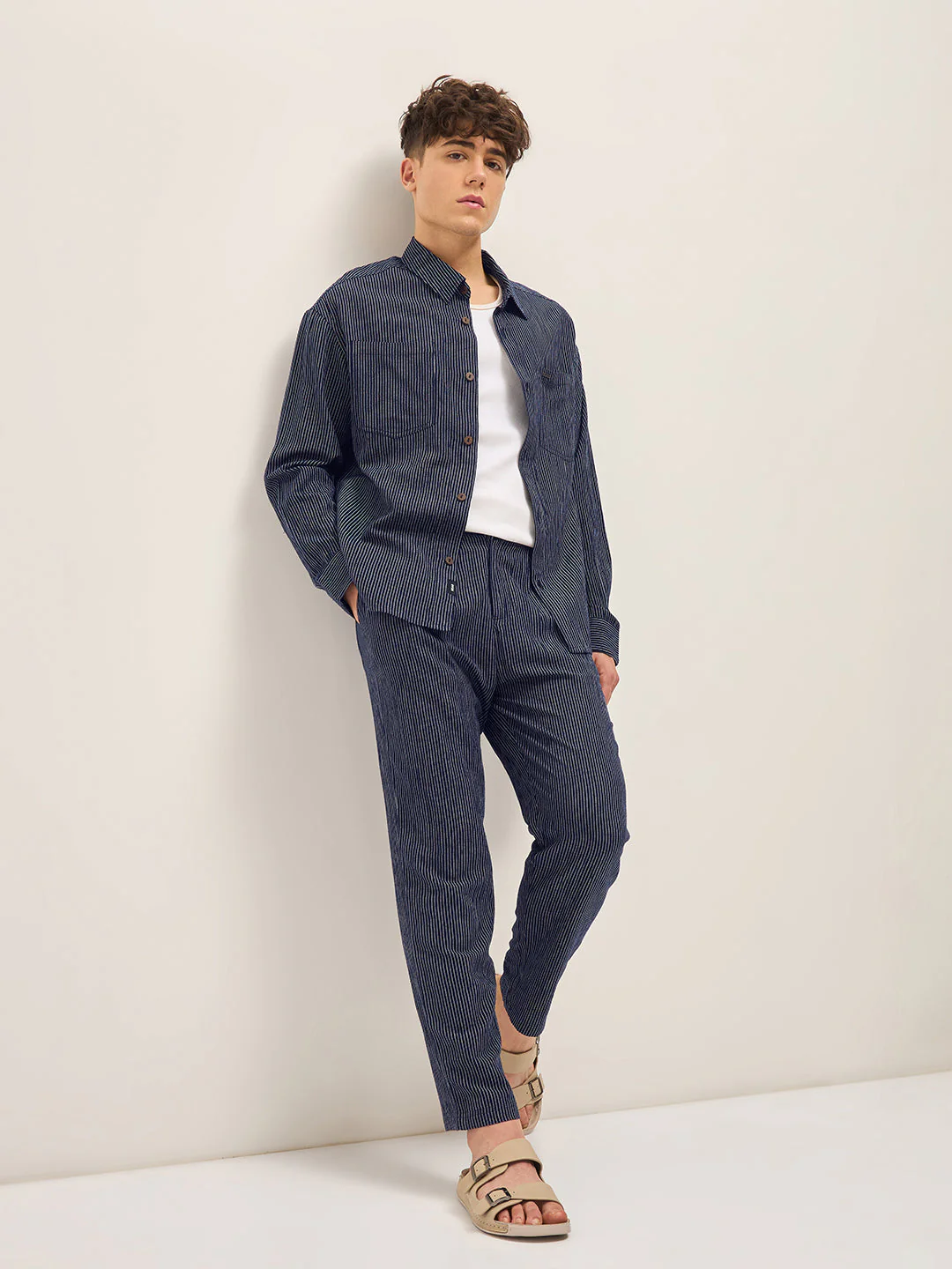 Men Navy Pinstripes Regular Fit Casual Shirt - Image 4