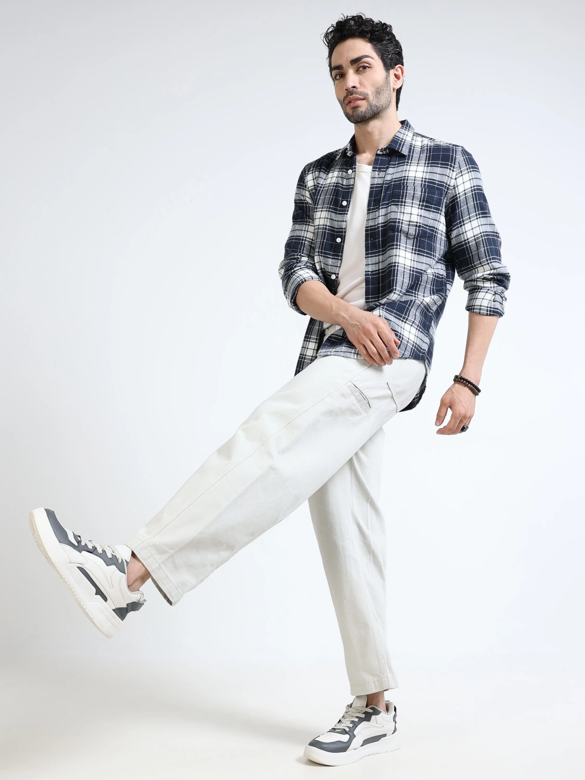 Men Navy Plaid Regular Fit Shirt - Image 2