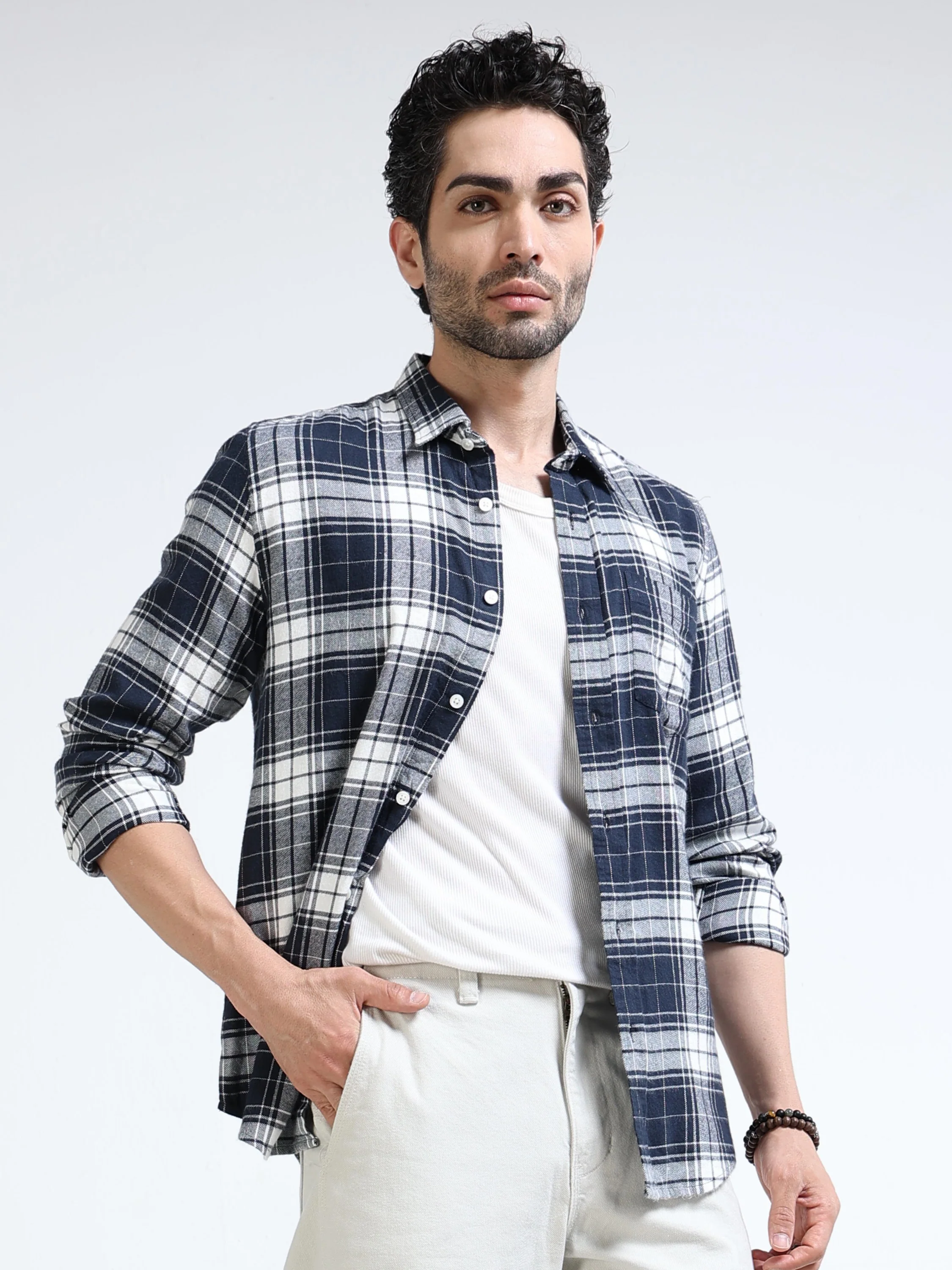 Men Navy Plaid Regular Fit Shirt - Image 5