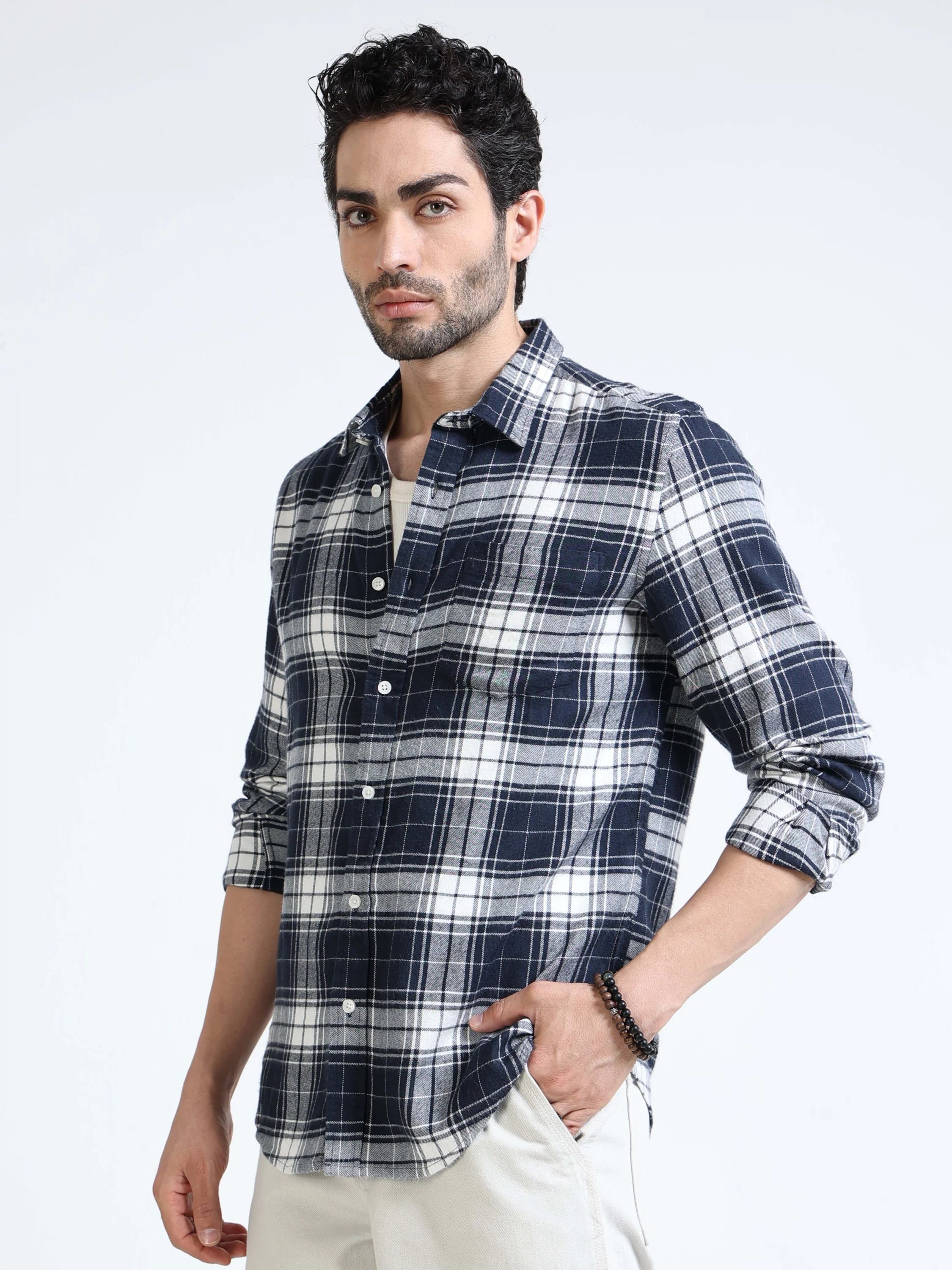 Men Navy Plaid Regular Fit Shirt - Image 6