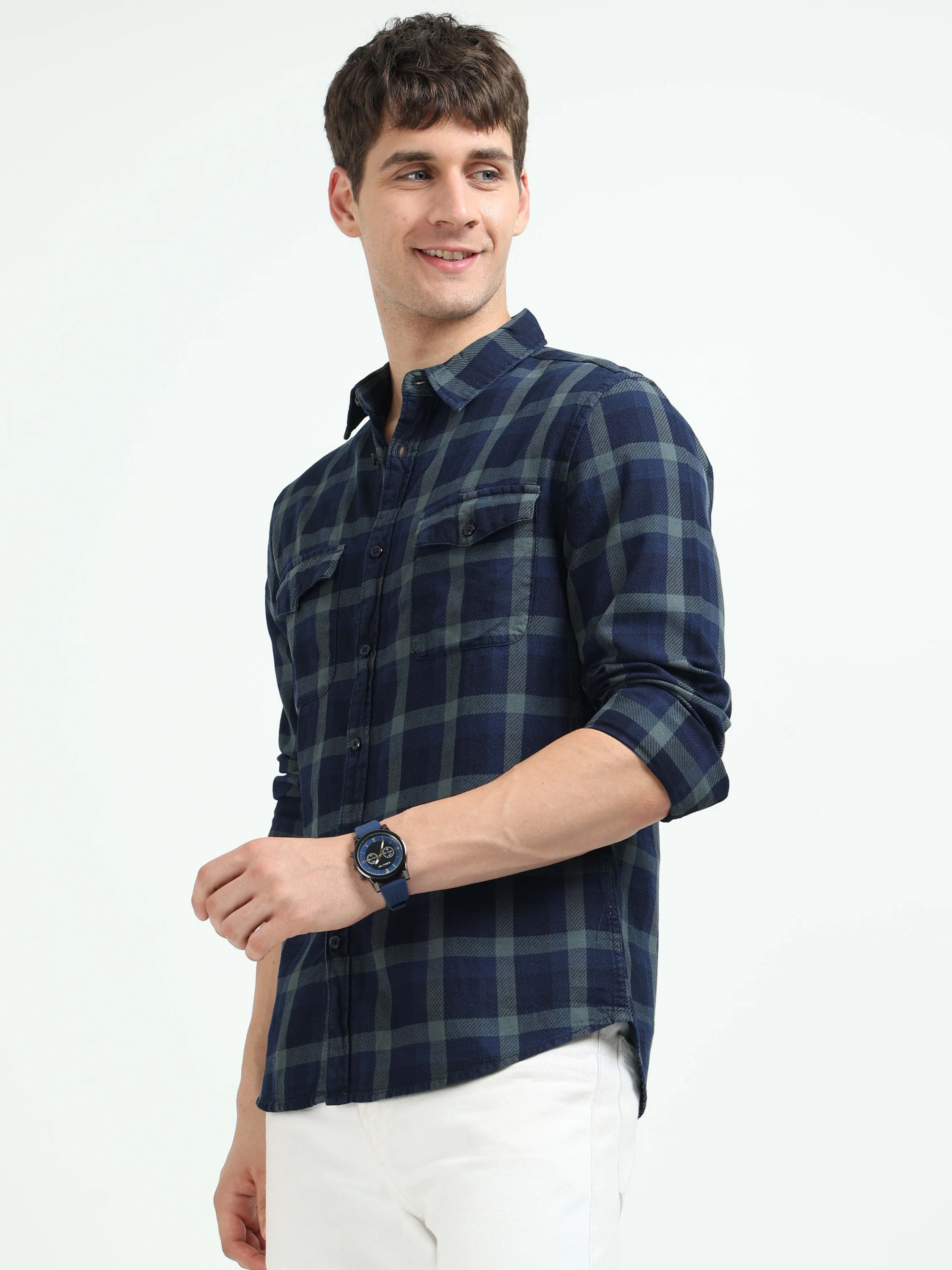 Men Navy Plaid Regular Fit Shirt - Image 2