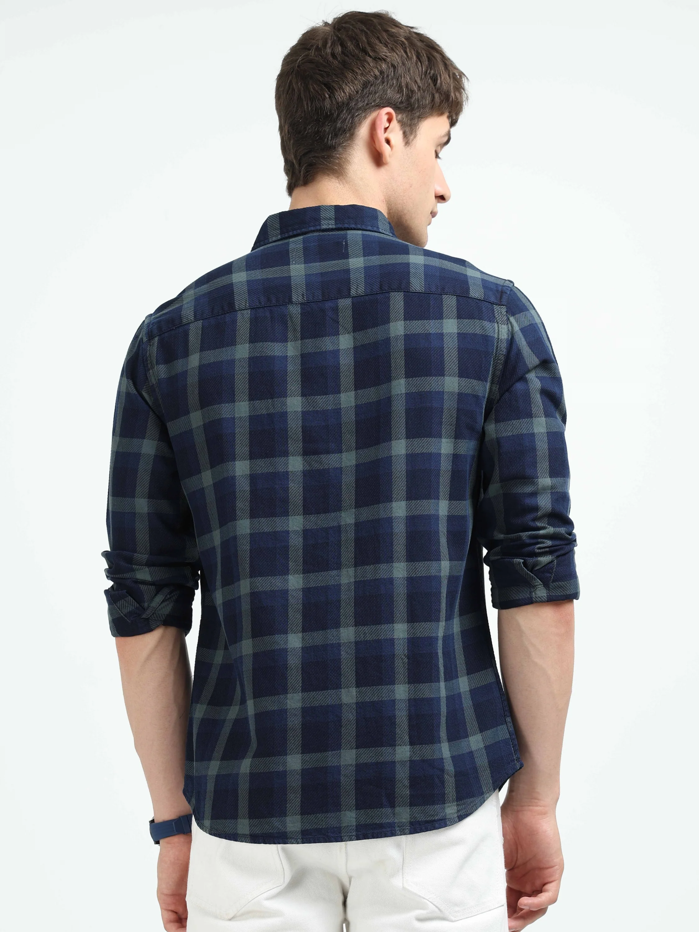 Men Navy Plaid Regular Fit Shirt - Image 3