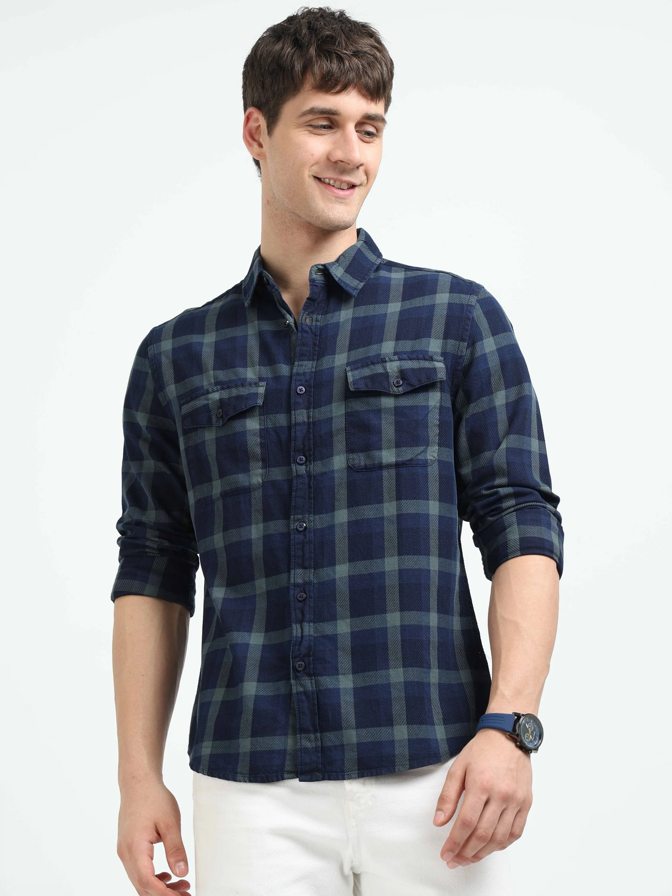 Men Navy Plaid Regular Fit Shirt - Image 6