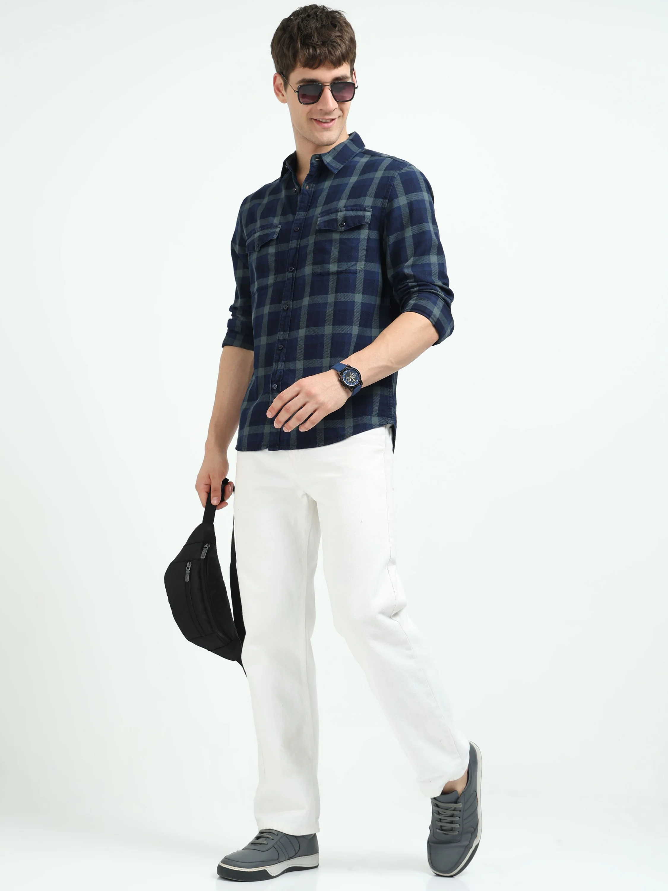 Men Navy Plaid Regular Fit Shirt - Image 7