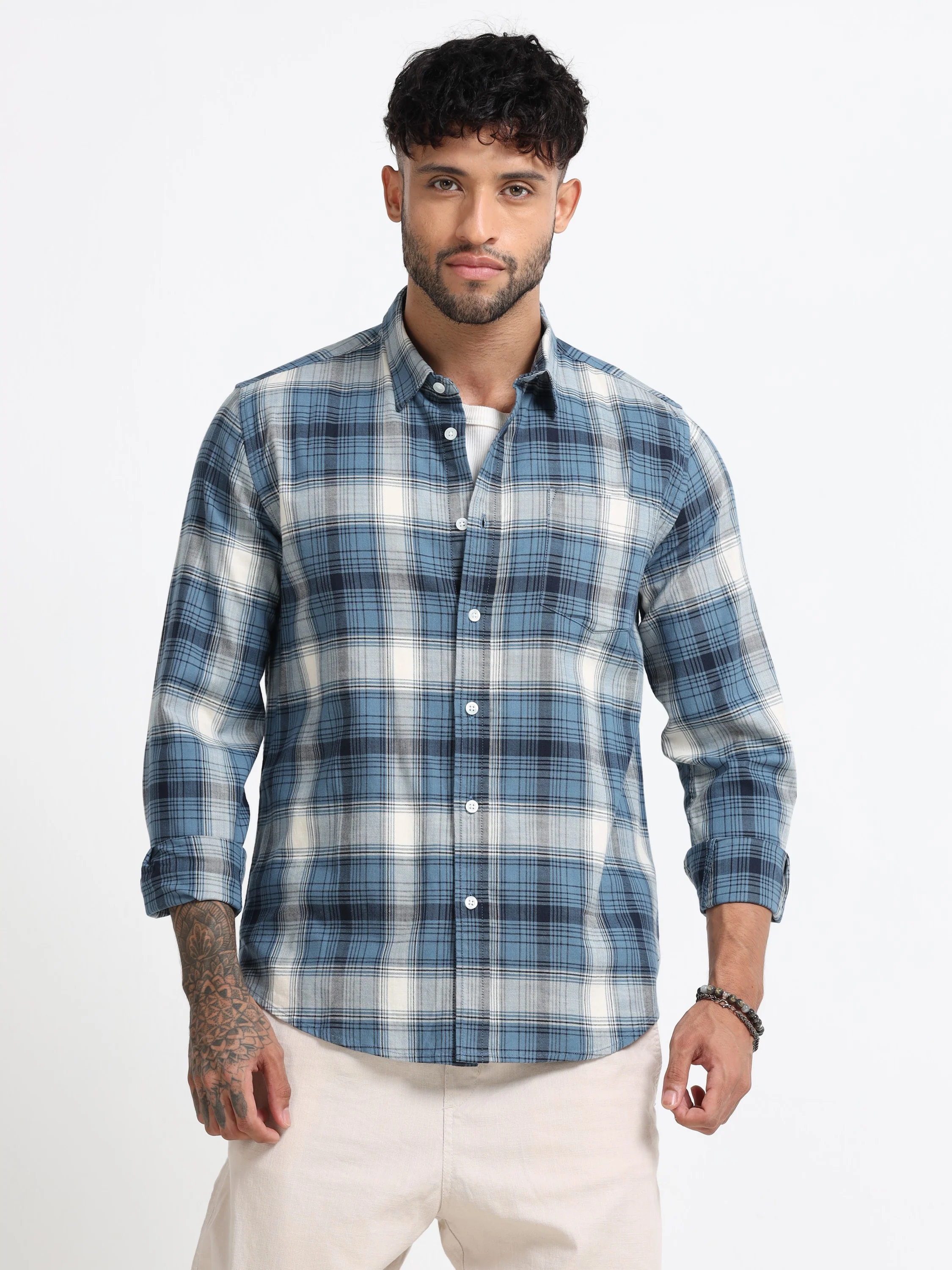 Men Navy Multi Check Shirt - Image 7