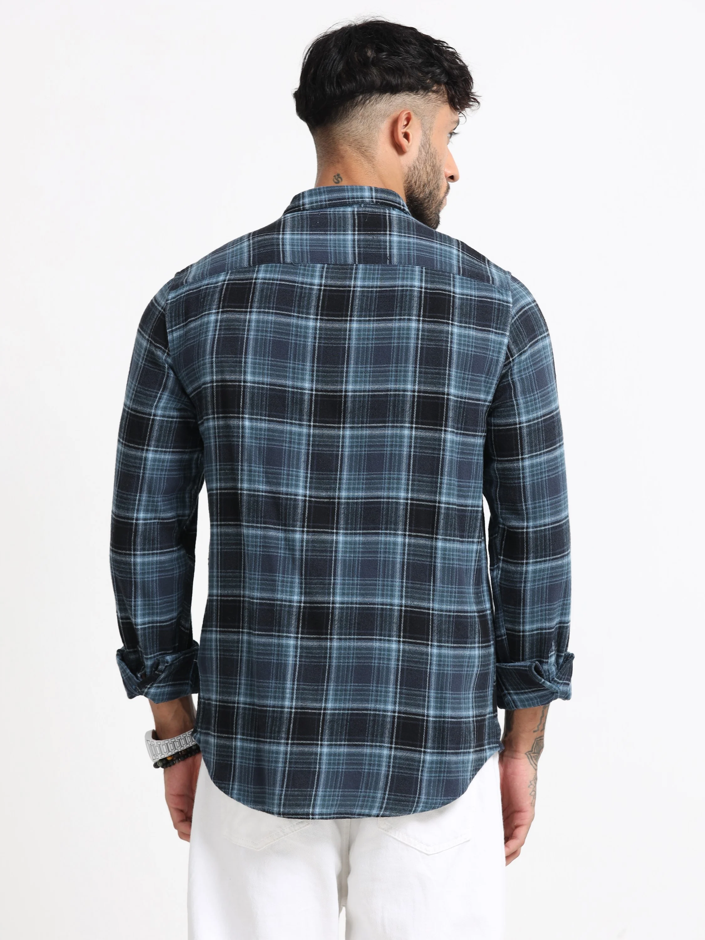 Men Navy Plaid Check Shirt - Image 2