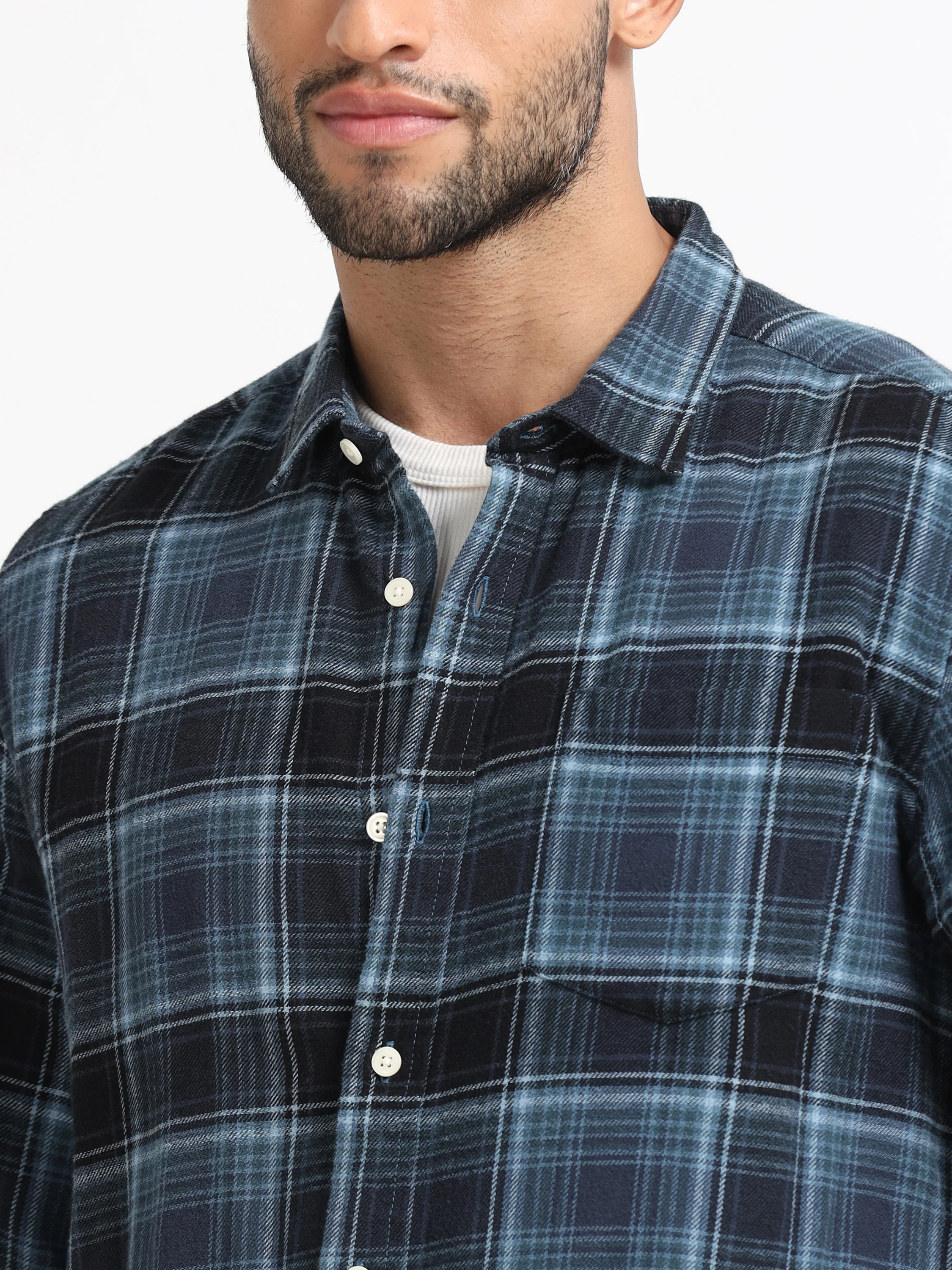 Men Navy Plaid Check Shirt - Image 4