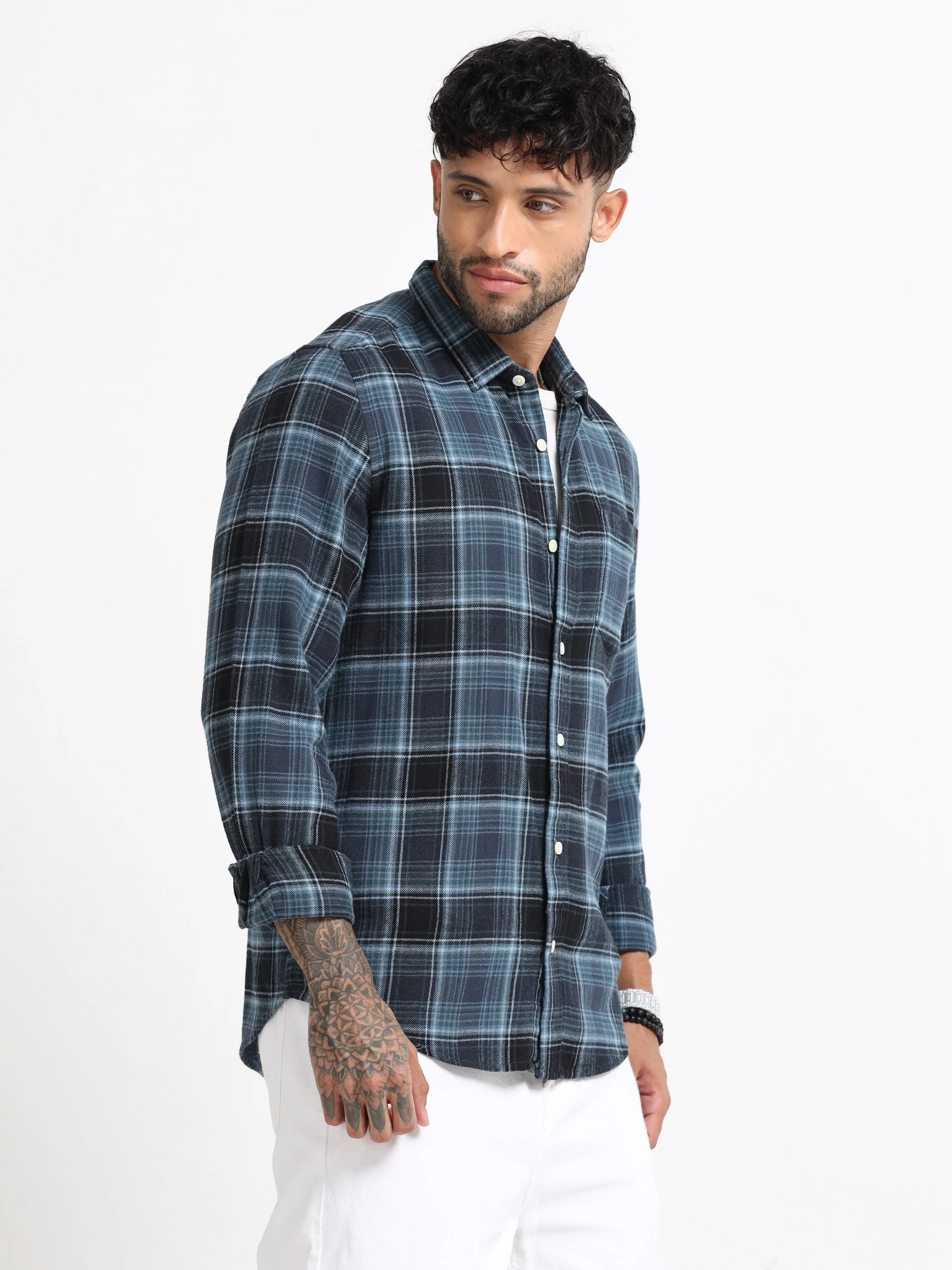 Men Navy Plaid Check Shirt - Image 5