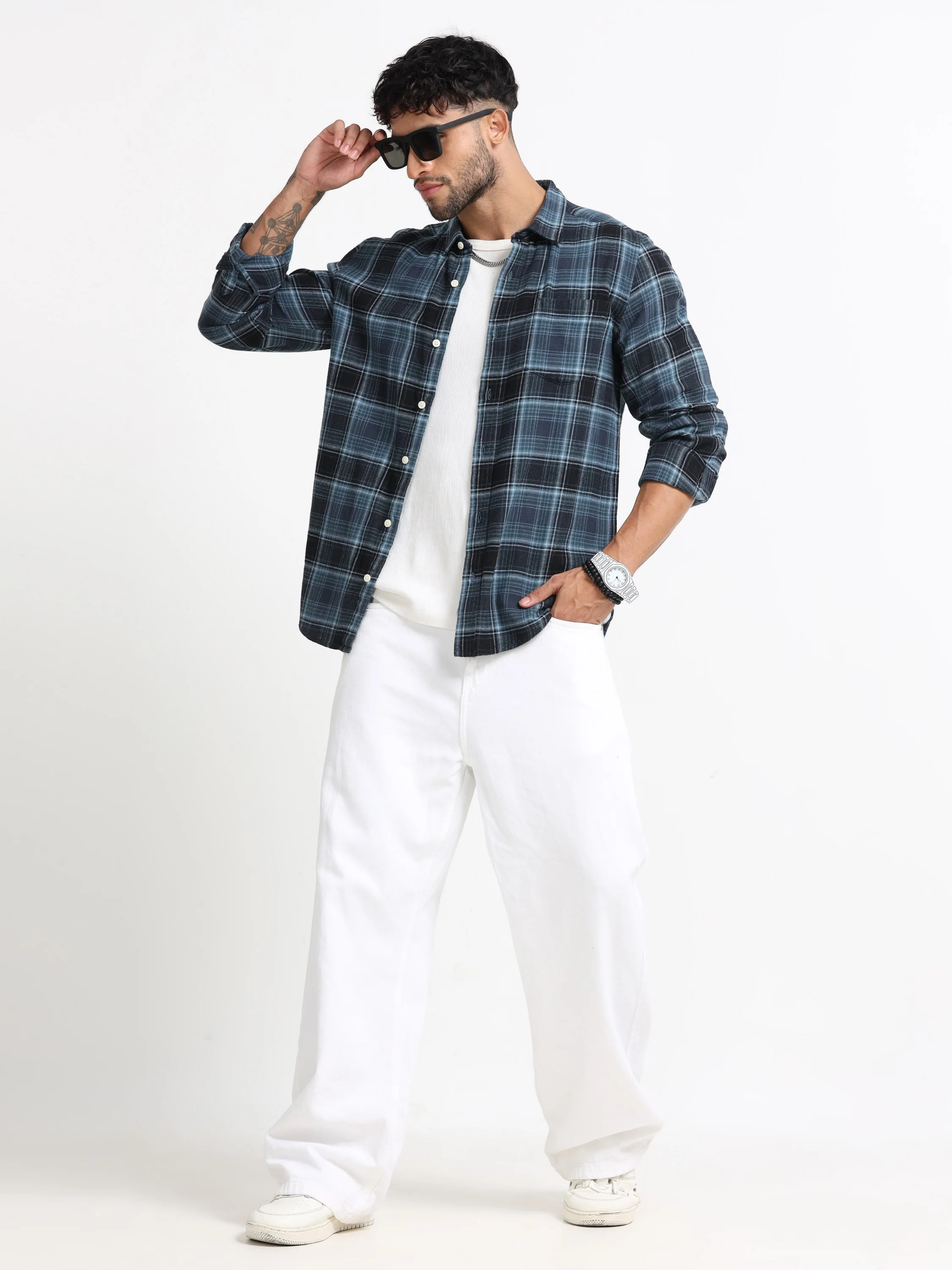 Men Navy Plaid Check Shirt - Image 6