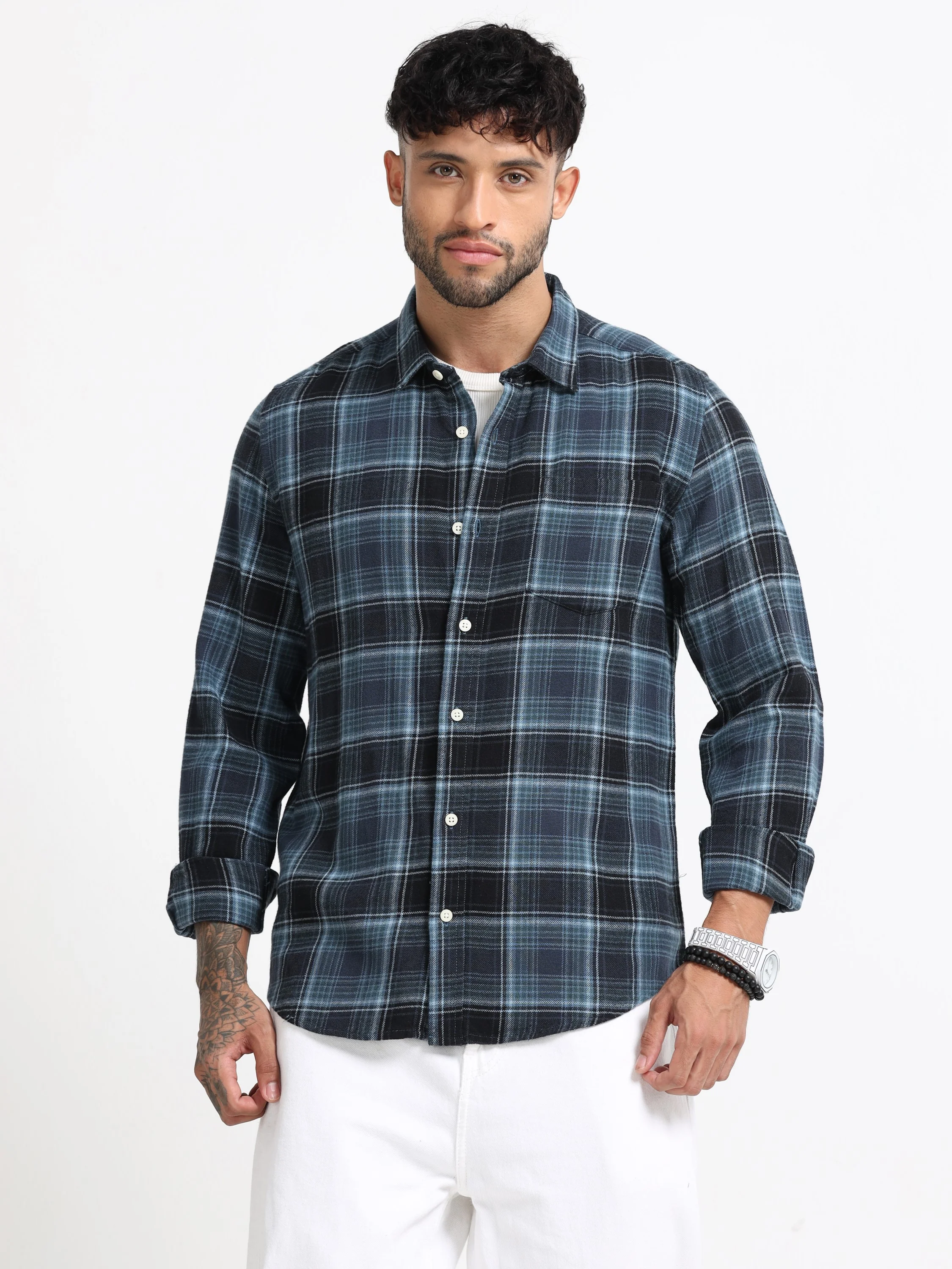 Men Navy Plaid Check Shirt - Image 7