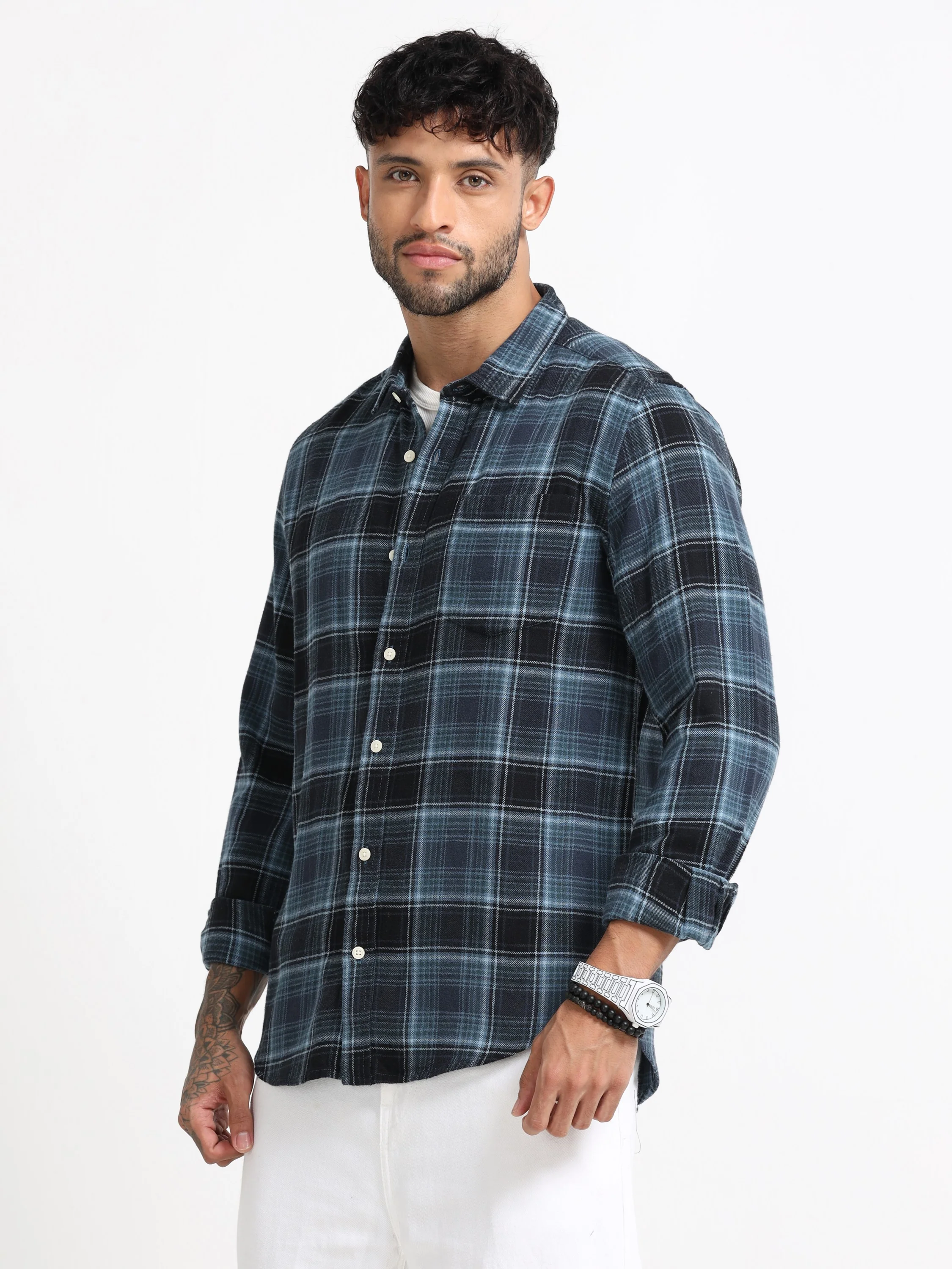 Men Navy Plaid Check Shirt - Image 8