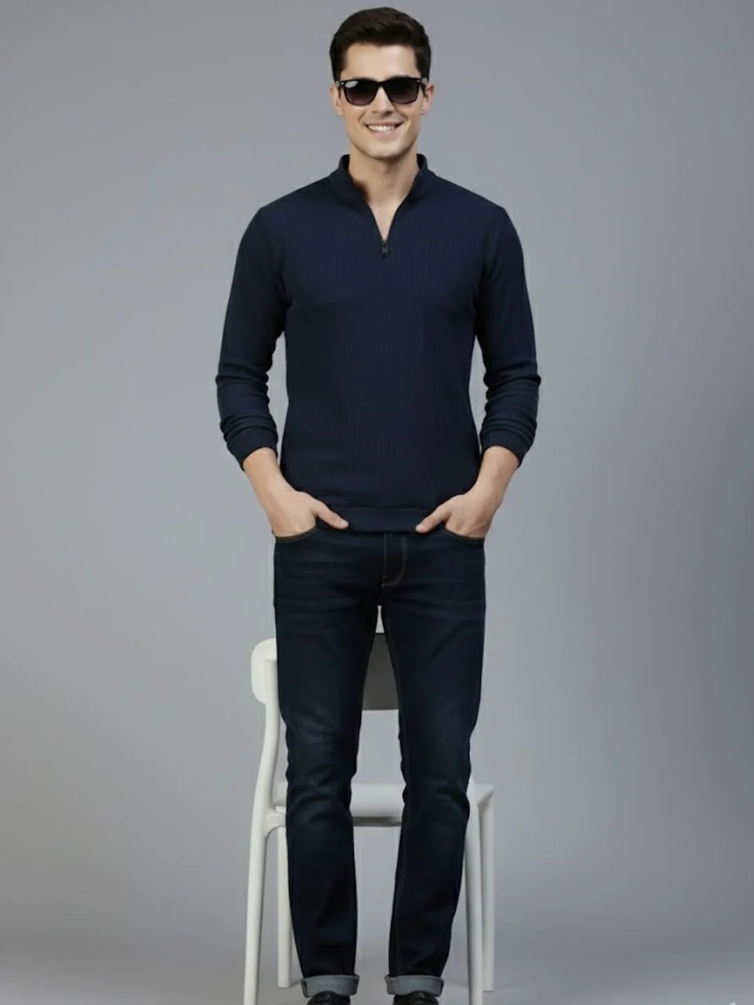 Men Navy Polo Neck T-Shirt - Image 5