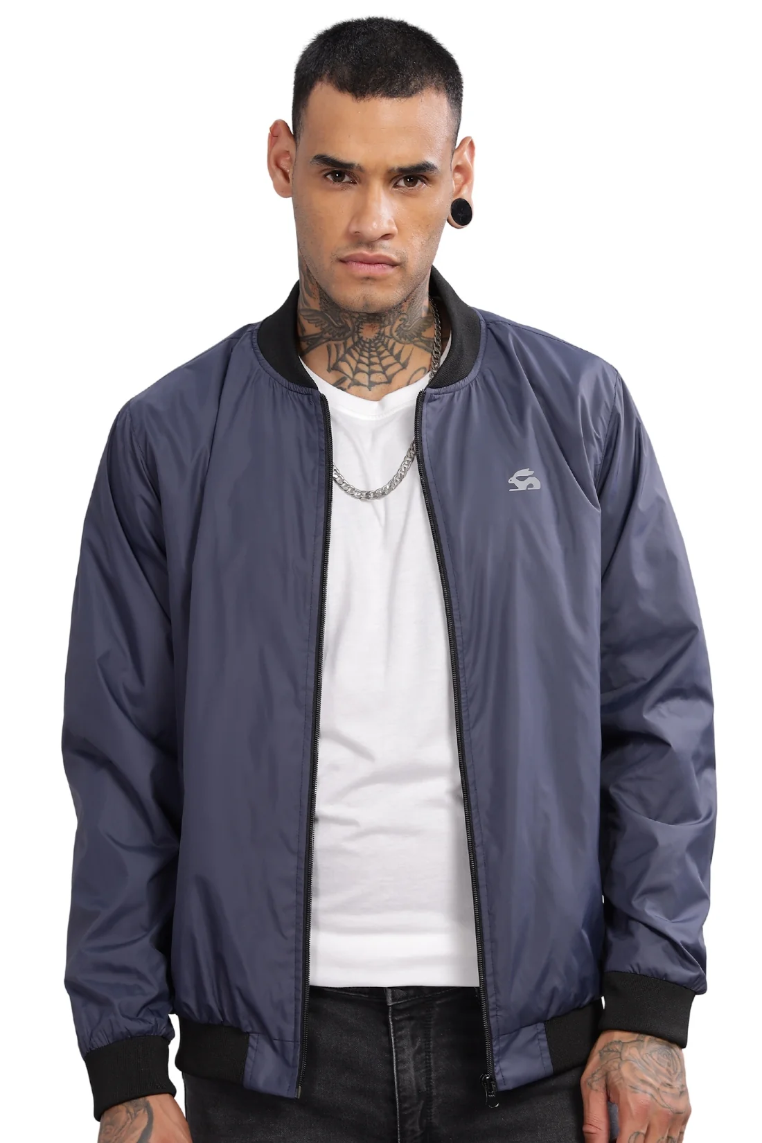 Men Navy Polyester Winter Jacket