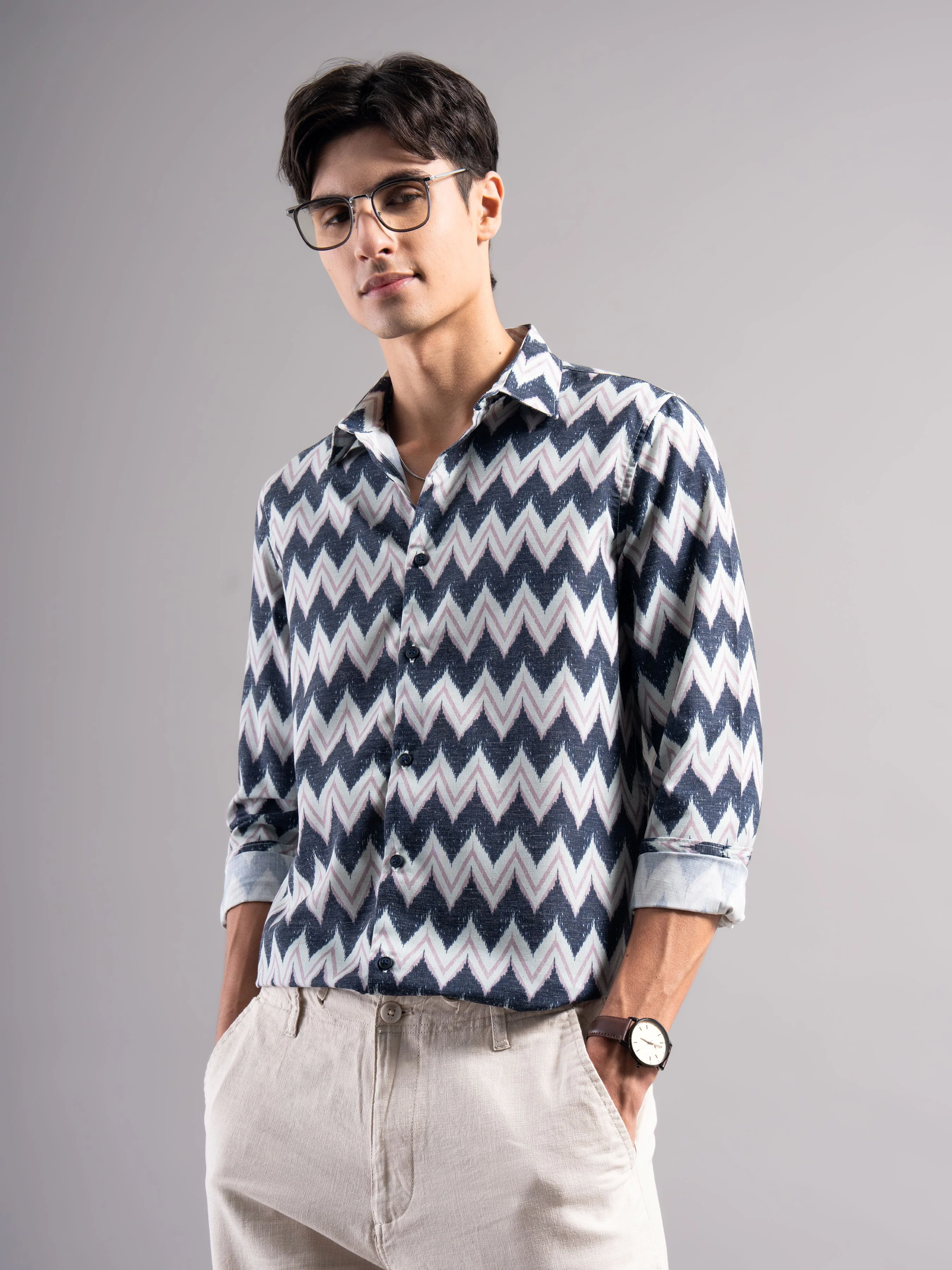 Men Navy Printed Casual Shirt