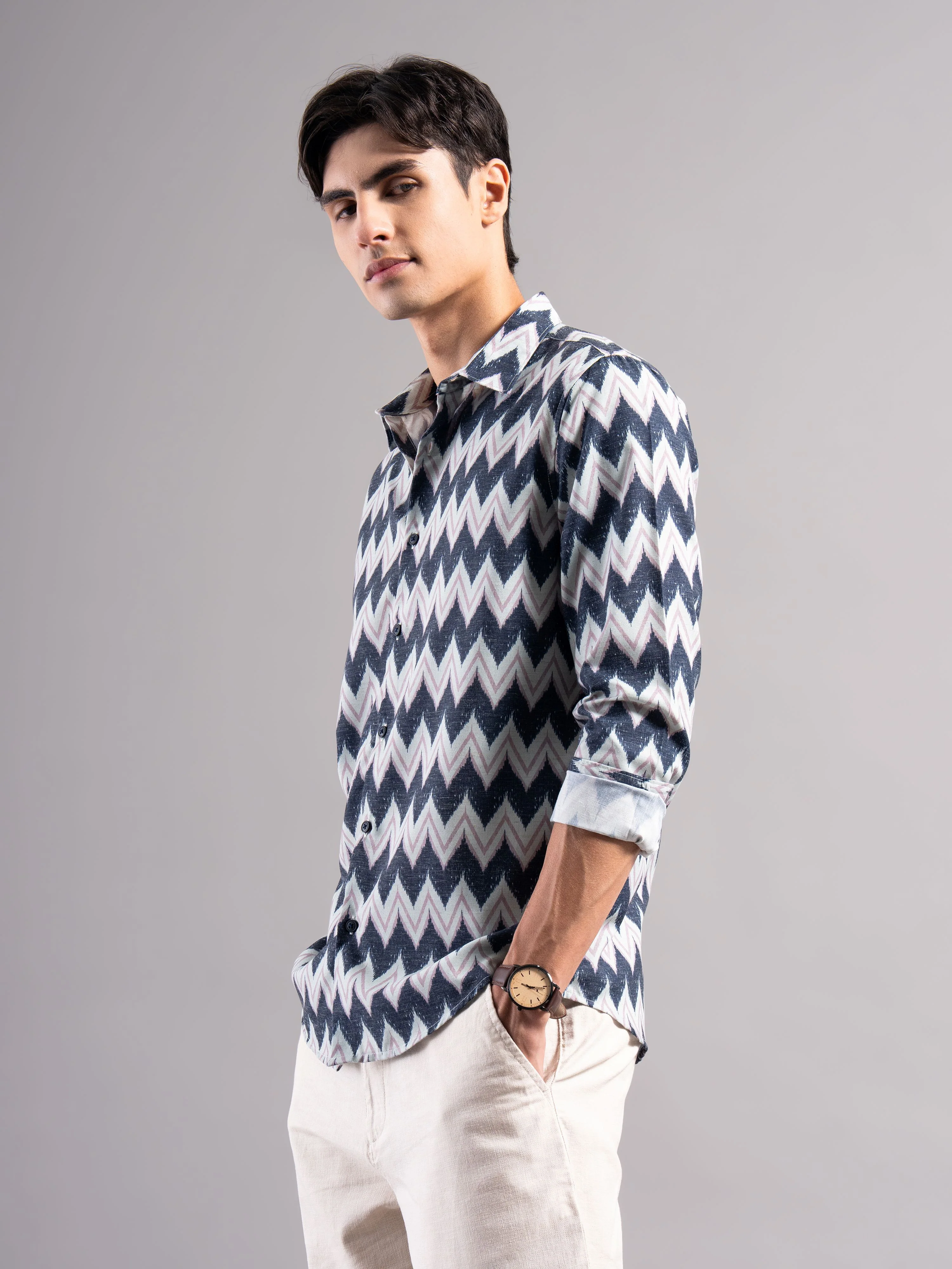 Men Navy Printed Casual Shirt - Image 6
