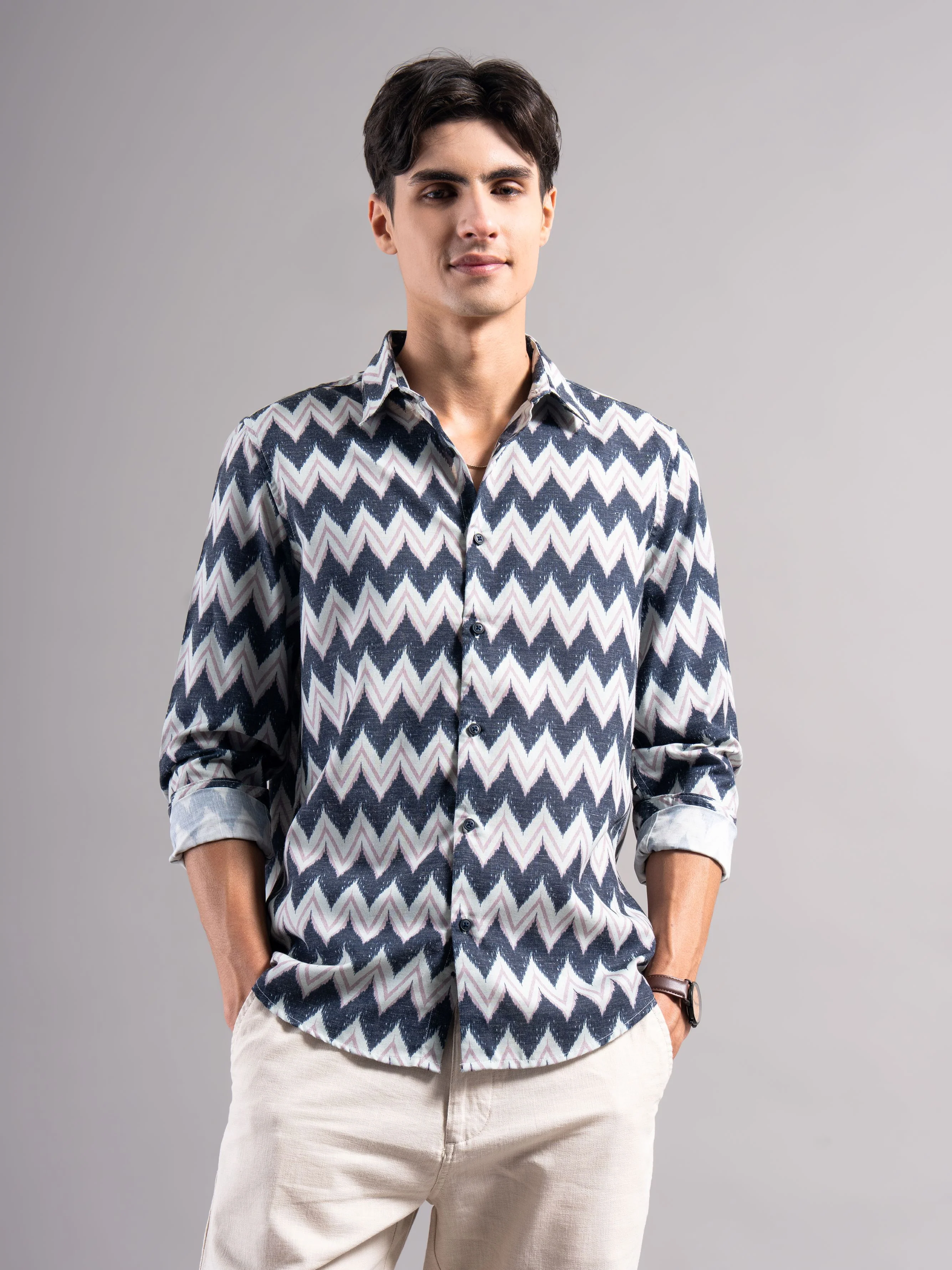 Men Navy Printed Casual Shirt - Image 7