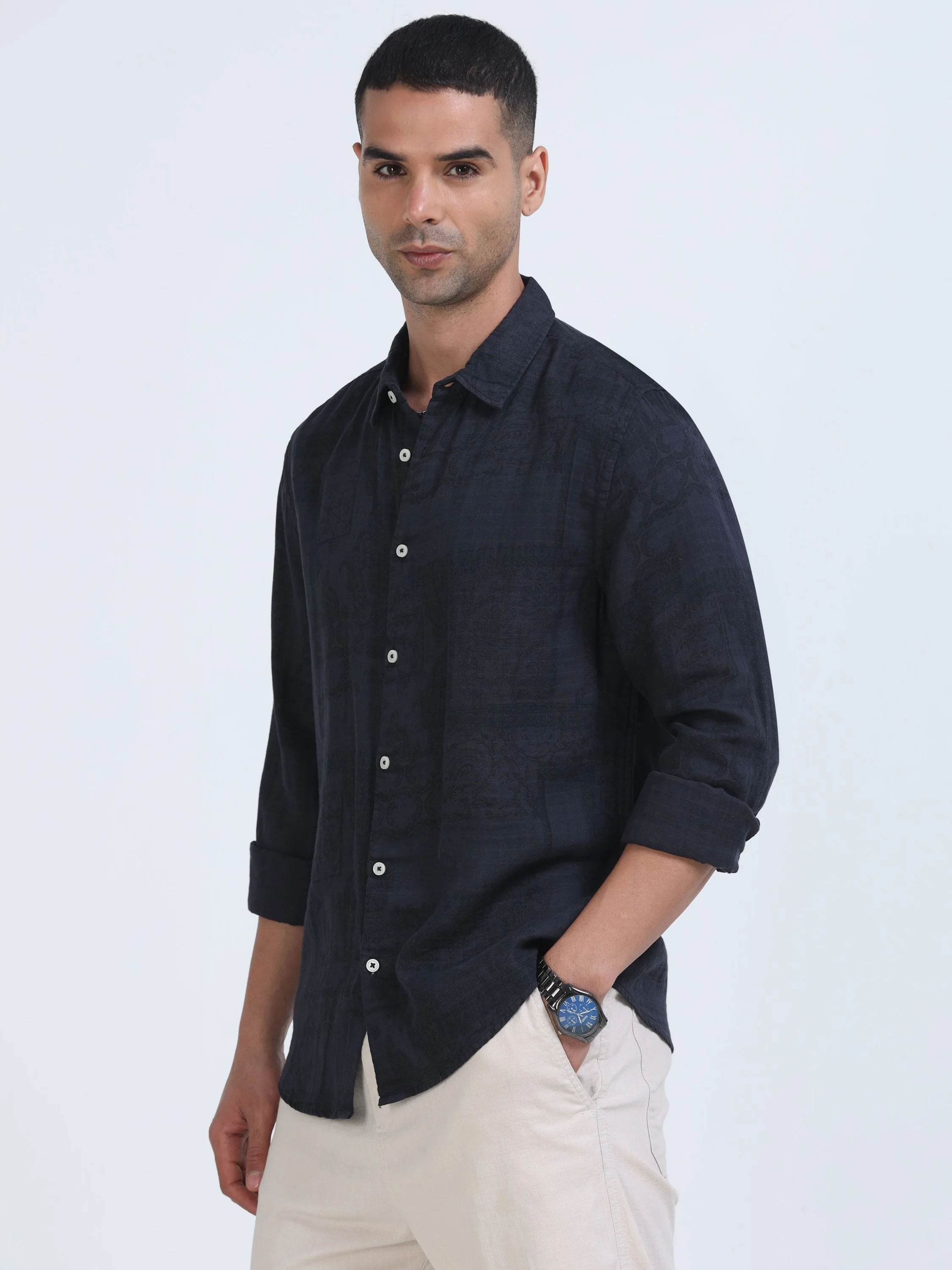 Men Navy Printed Overdyed Shirt - Image 2