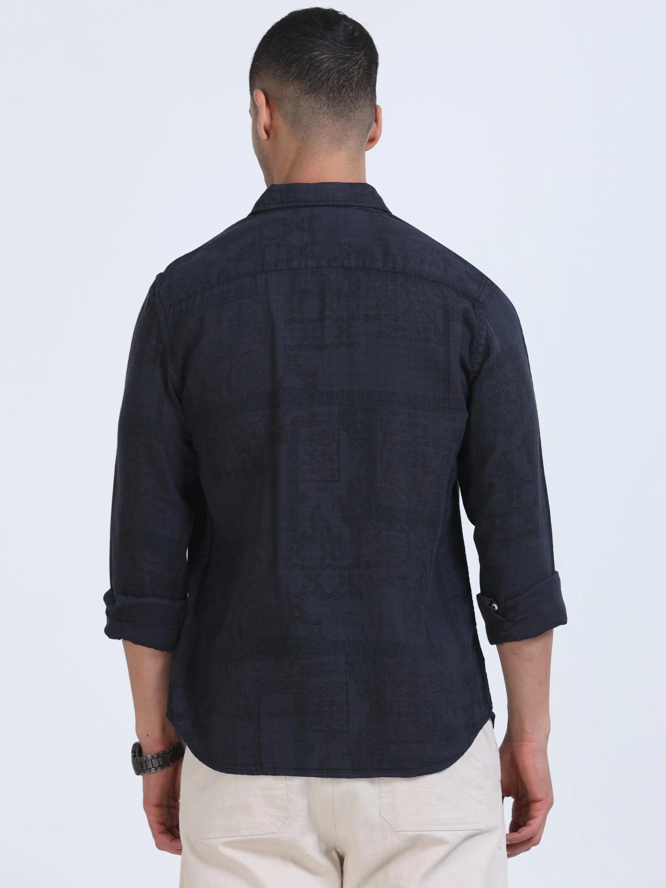 Men Navy Printed Overdyed Shirt - Image 3