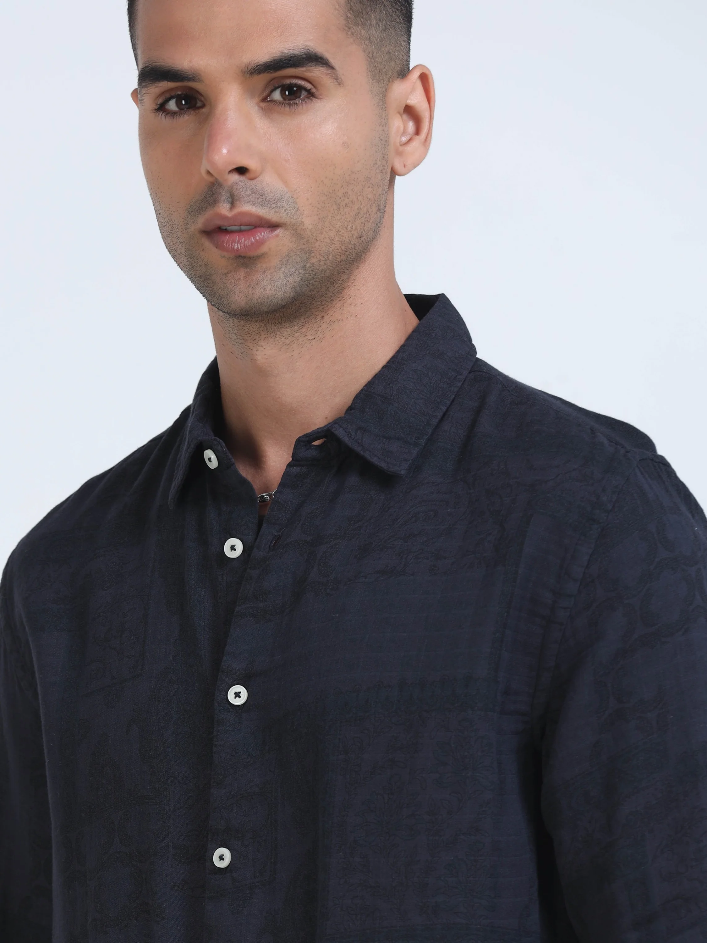 Men Navy Printed Overdyed Shirt - Image 4