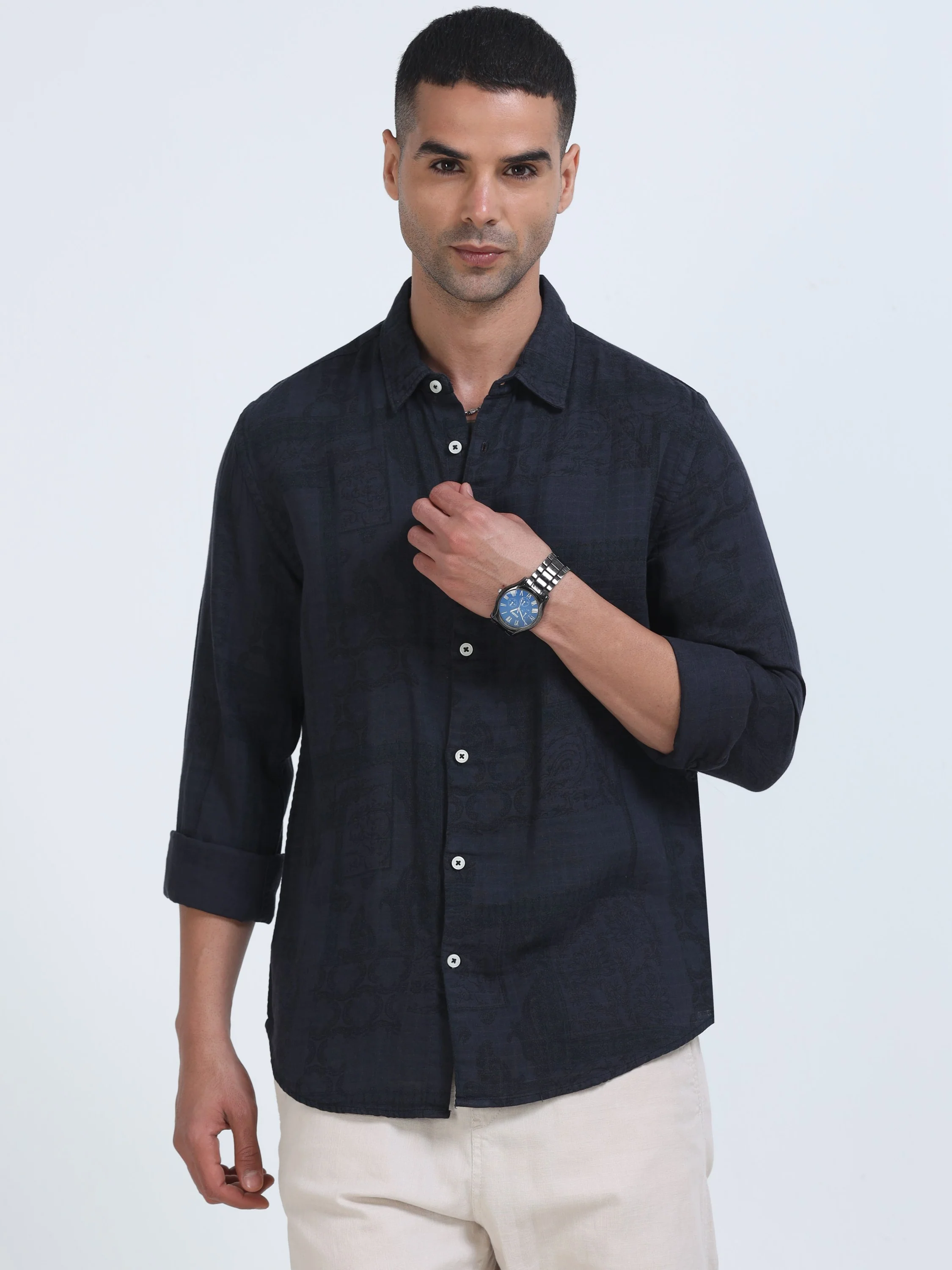 Men Navy Printed Overdyed Shirt - Image 5