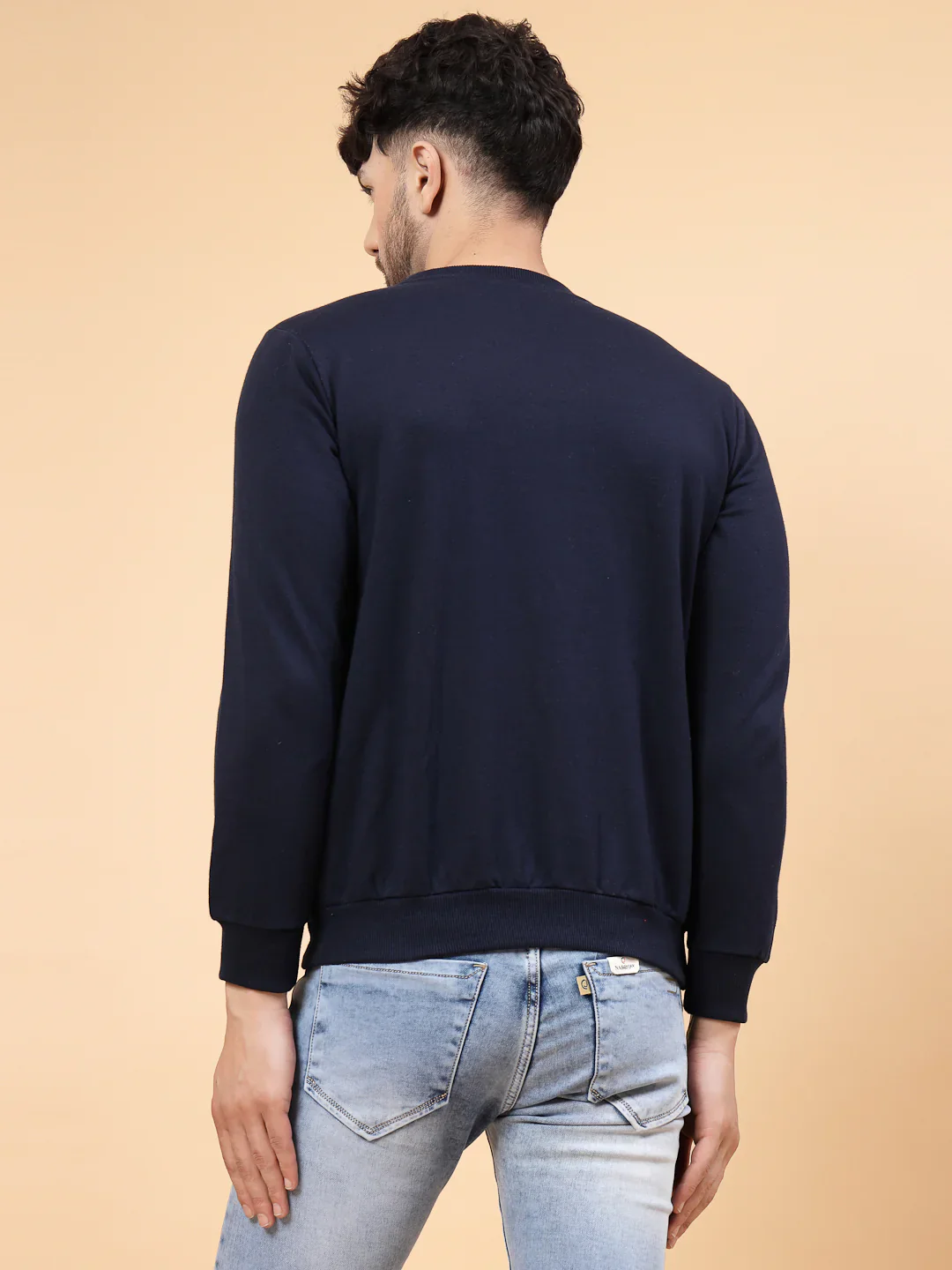 Men Navy Printed Round Neck Fleece Sweatshirt - Image 2