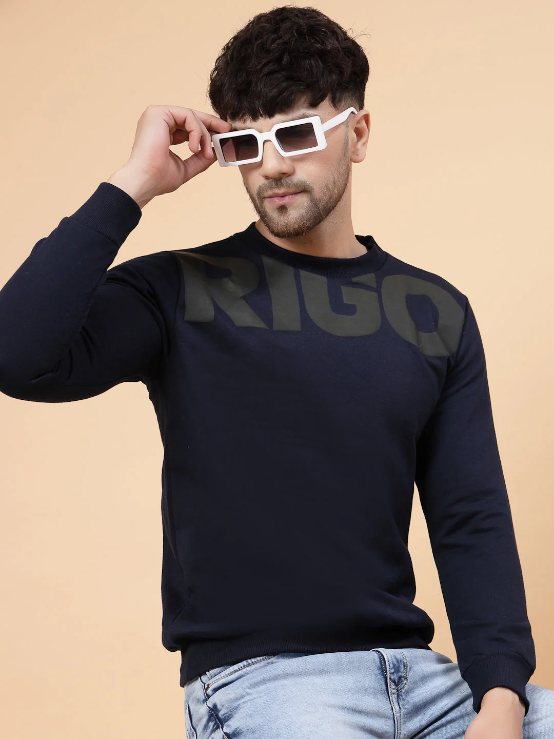Men Navy Printed Round Neck Fleece Sweatshirt - Image 3