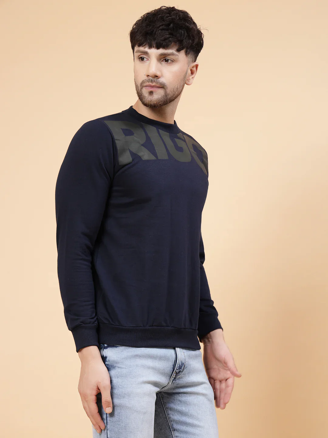 Men Navy Printed Round Neck Fleece Sweatshirt - Image 4