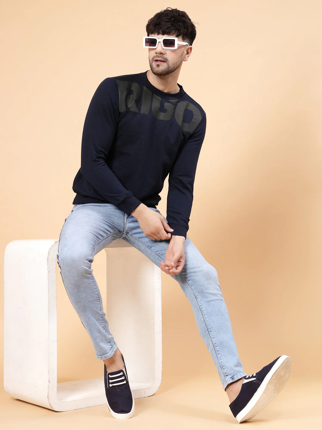 Men Navy Printed Round Neck Fleece Sweatshirt - Image 6