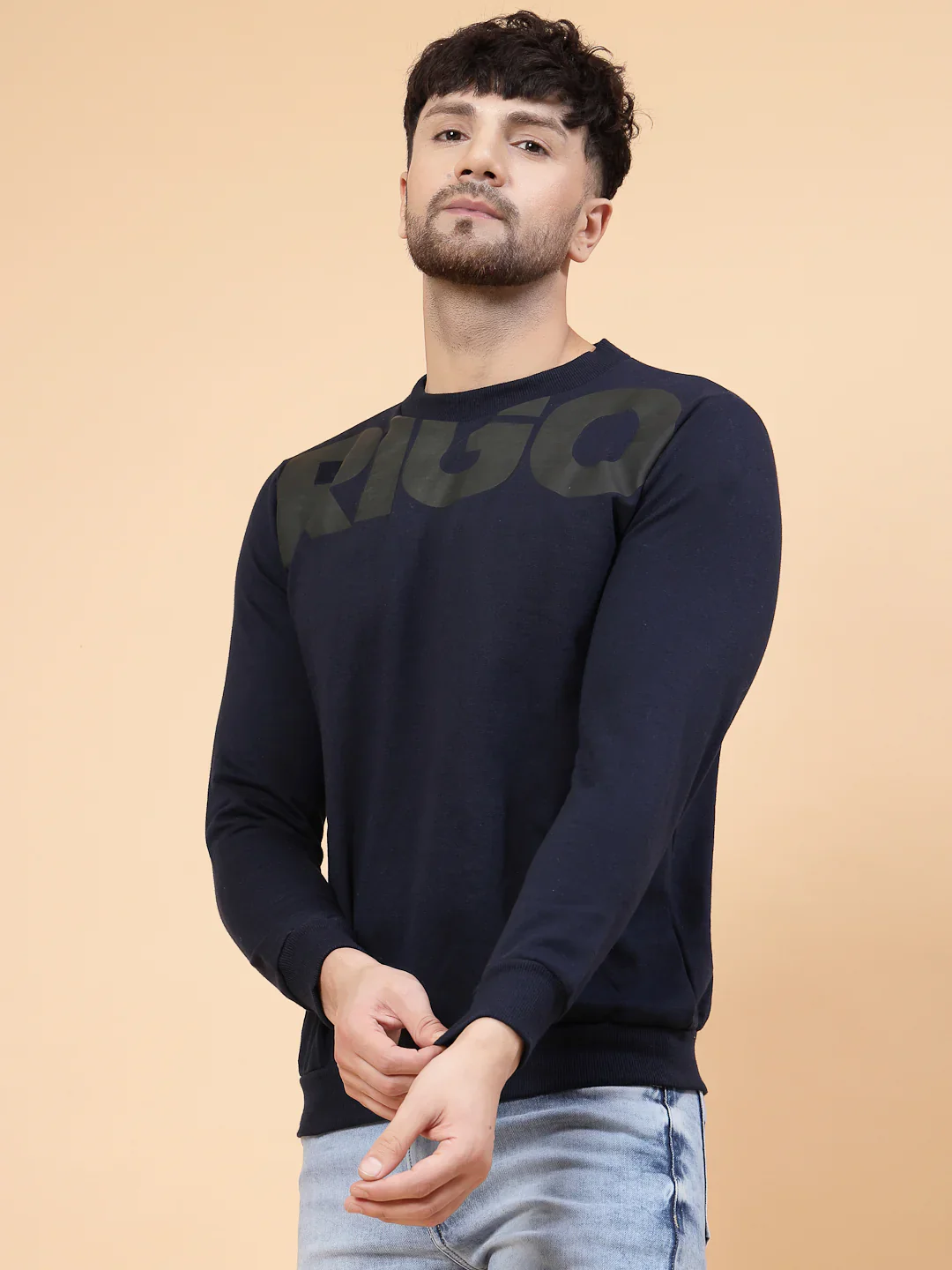 Men Navy Printed Round Neck Fleece Sweatshirt - Image 7