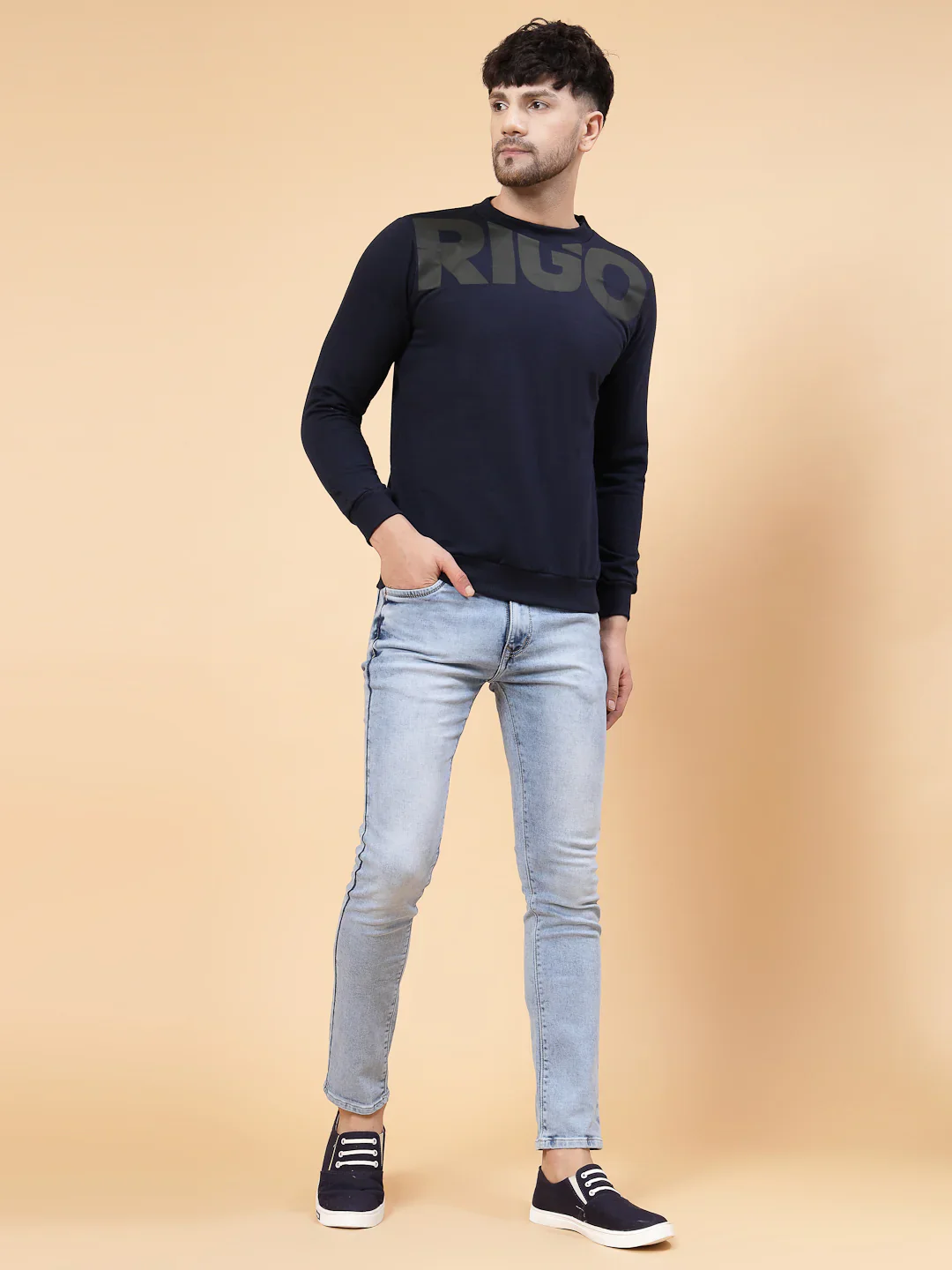 Men Navy Printed Round Neck Fleece Sweatshirt - Image 8