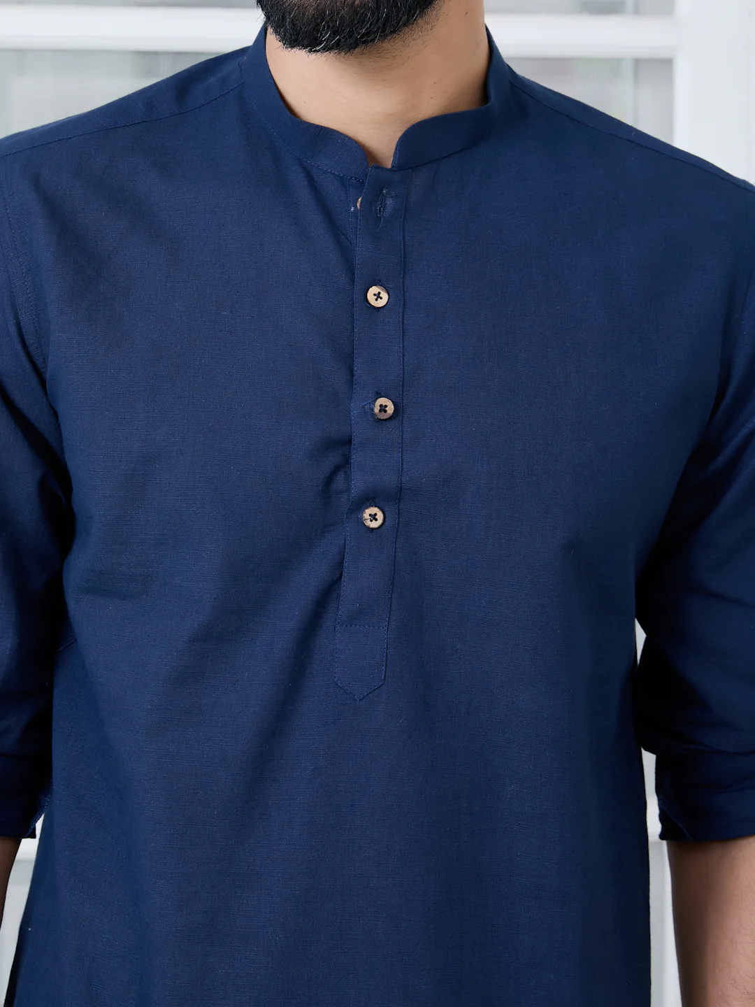 Men Navy Pure Cotton Slub Short Kurta - Image 2