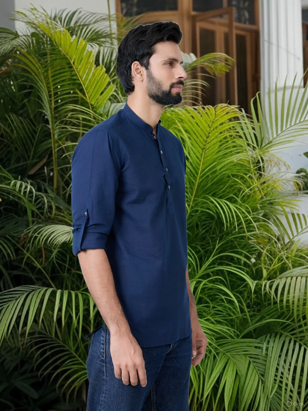 Men Navy Pure Cotton Slub Short Kurta - Image 3