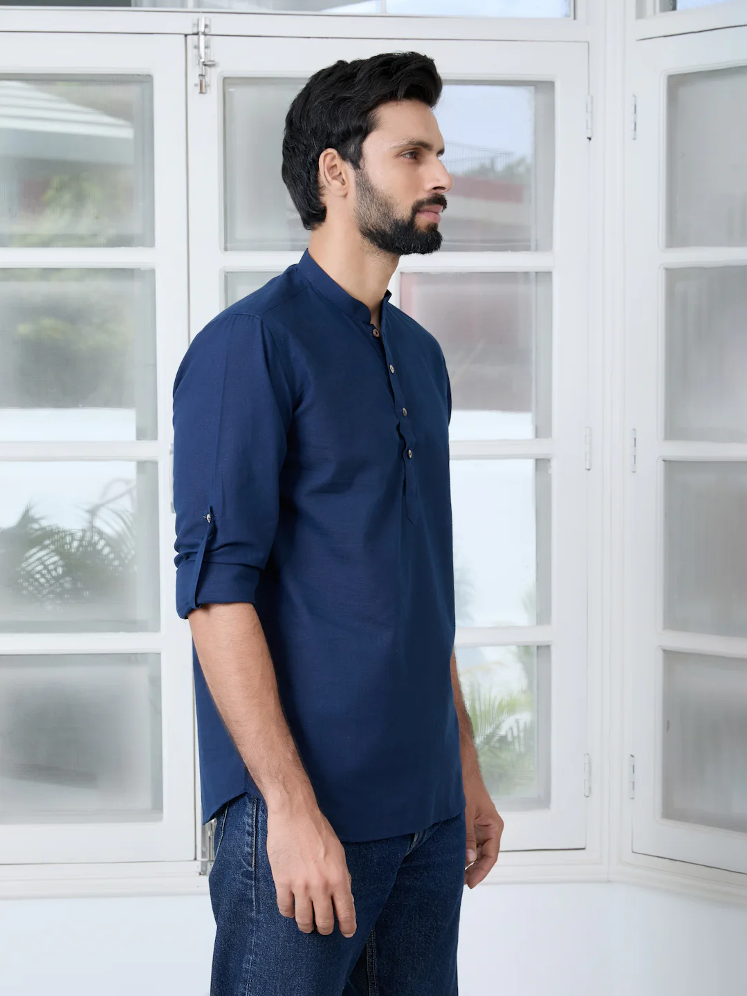 Men Navy Pure Cotton Slub Short Kurta - Image 4