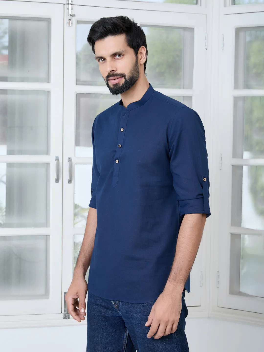 Men Navy Pure Cotton Slub Short Kurta - Image 5