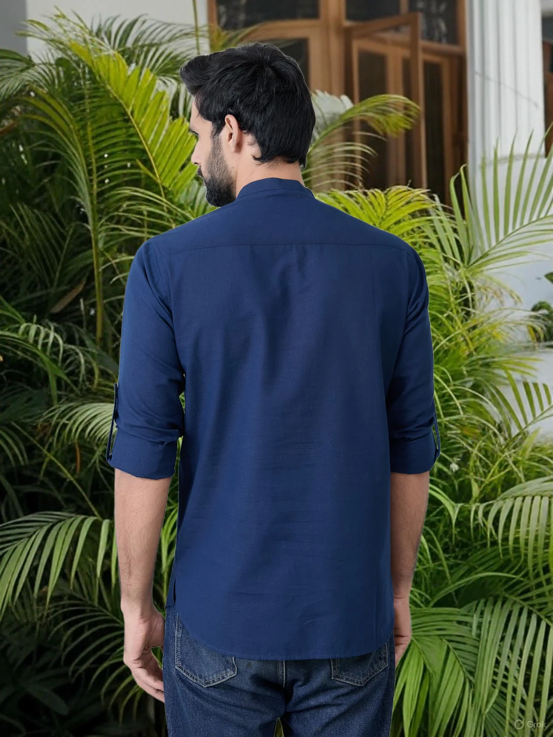 Men Navy Pure Cotton Slub Short Kurta - Image 6