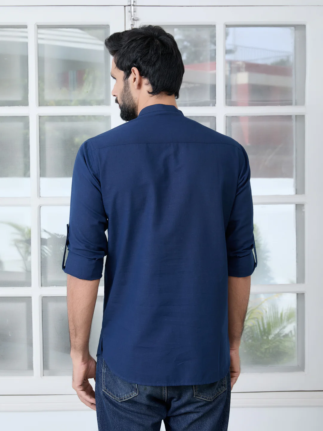 Men Navy Pure Cotton Slub Short Kurta - Image 7