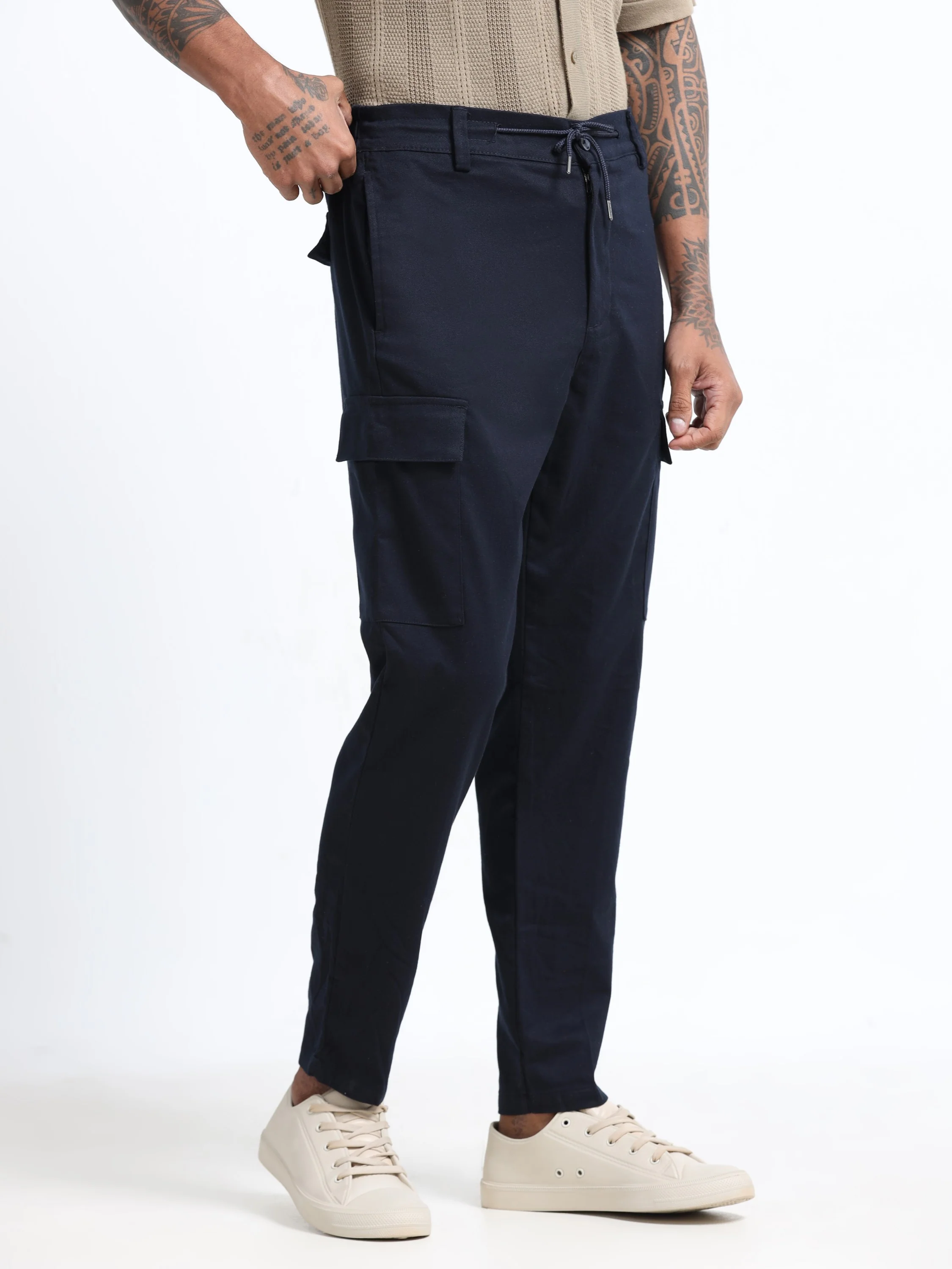 Men Navy Regular Fit Cargo Pants - Image 2