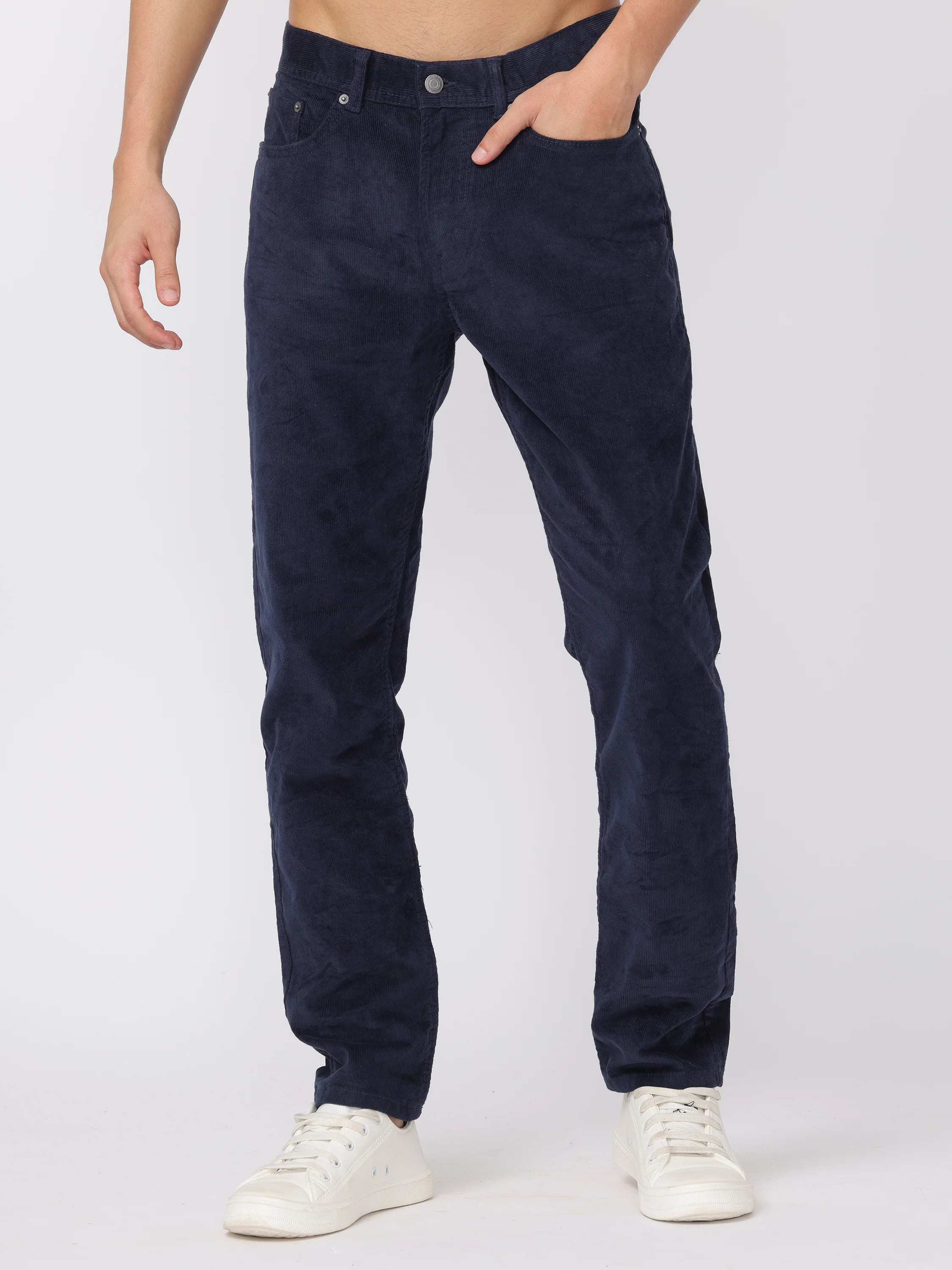 Men Navy Regular Fit Corduroy Pants - Image 3