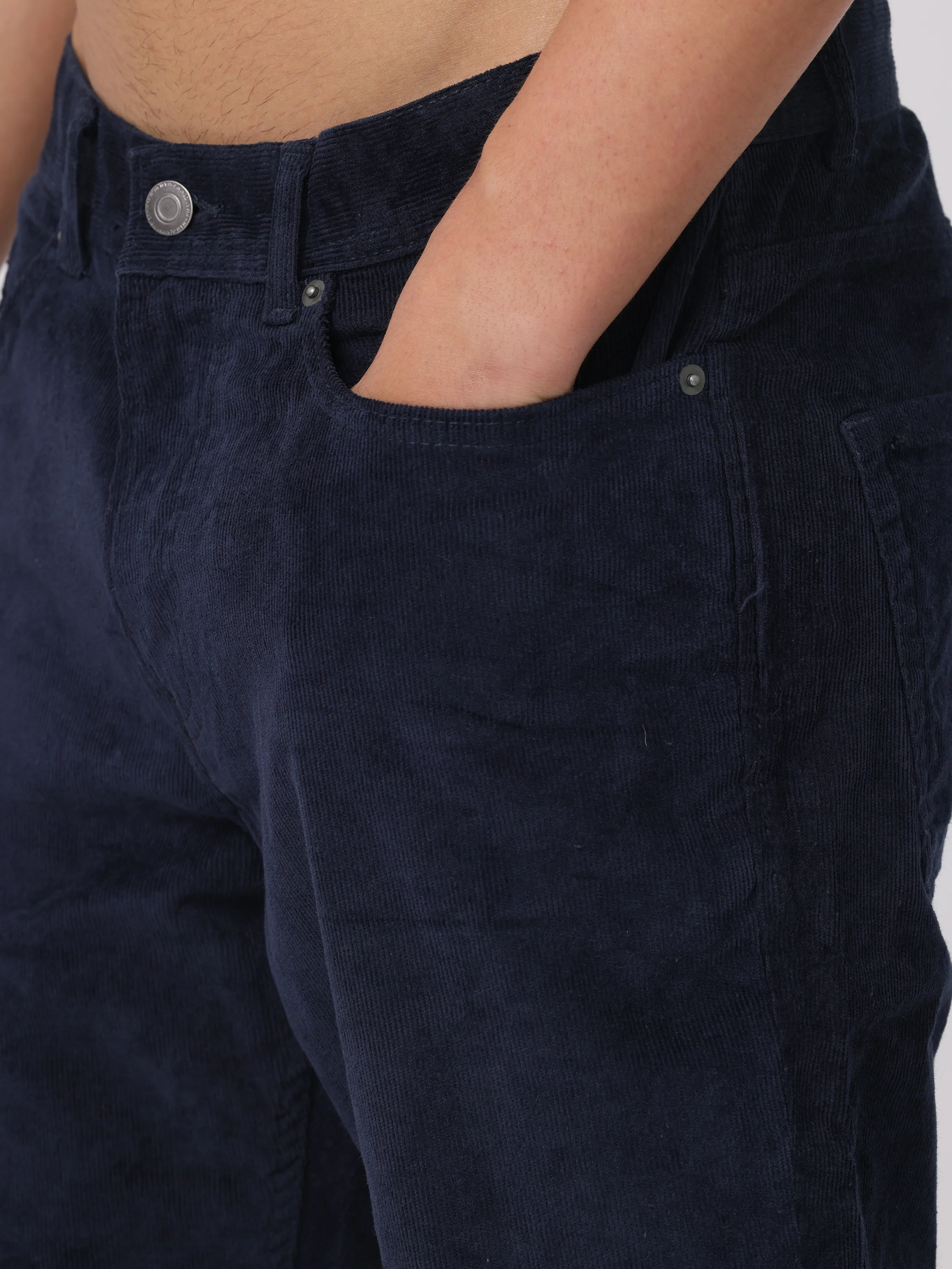 Men Navy Regular Fit Corduroy Pants - Image 6